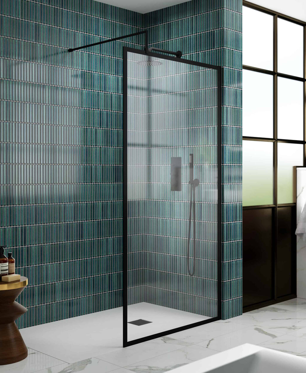 Sleek frameless glass shower enclosure with black hardware in modern bathroom featuring teal tiled walls and white marble flooring.