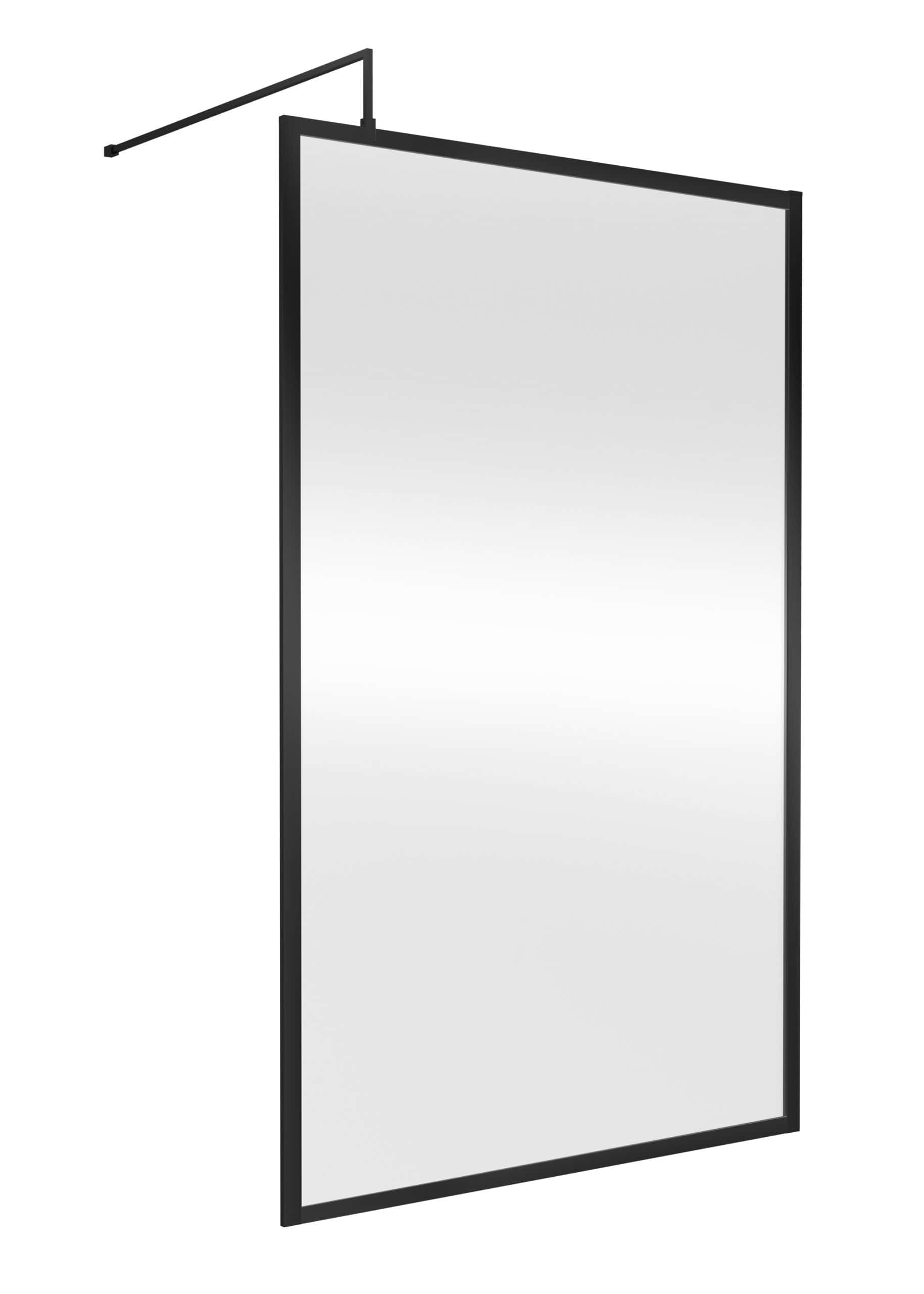 Flexible shower screen with black frame for modern Bubly bathrooms.