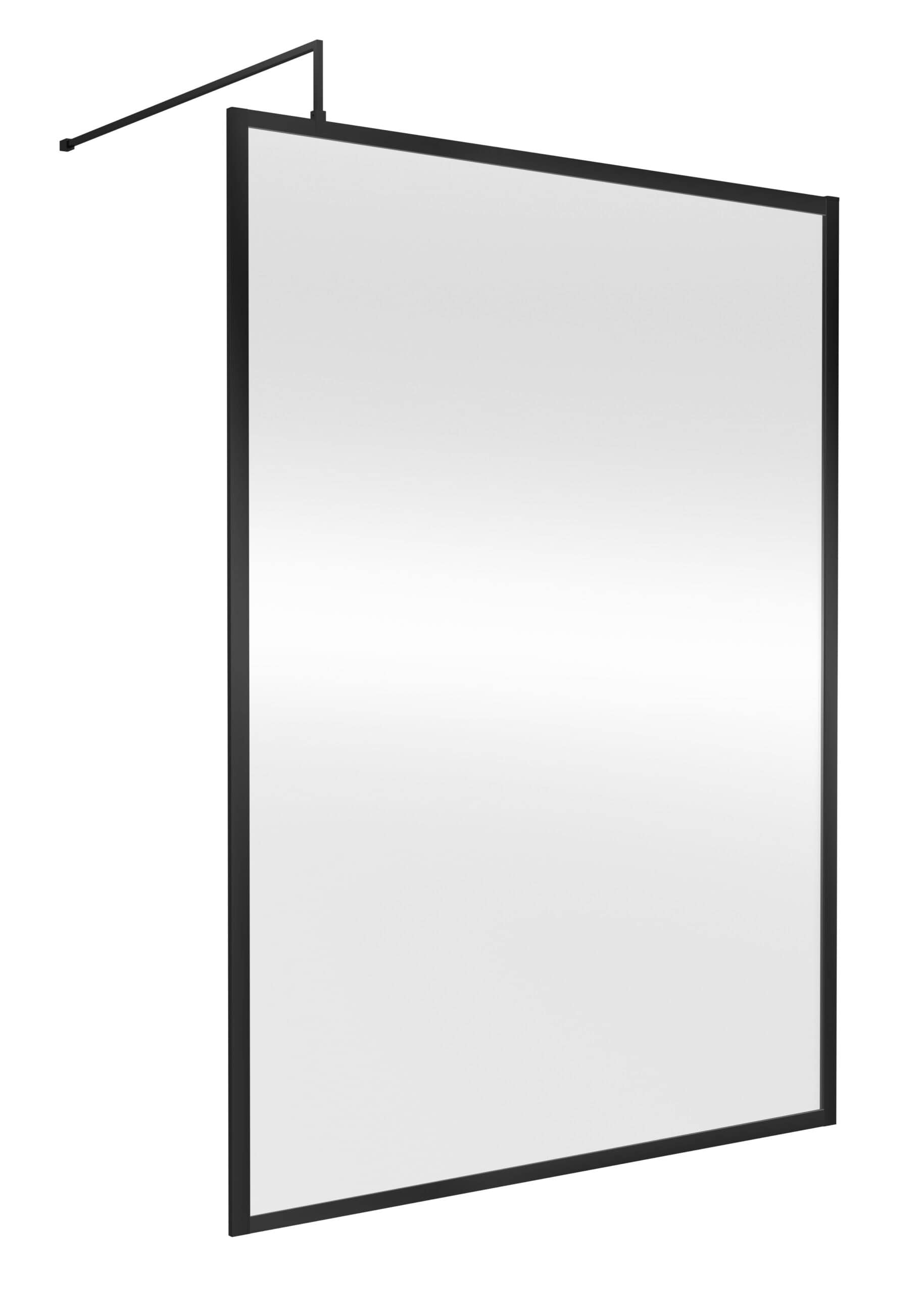 Minimalist black-framed shower screen, modern bathroom design, sleek and durable glass enclosure for a contemporary bathroom, perfect for creating a stylish waterproof division.