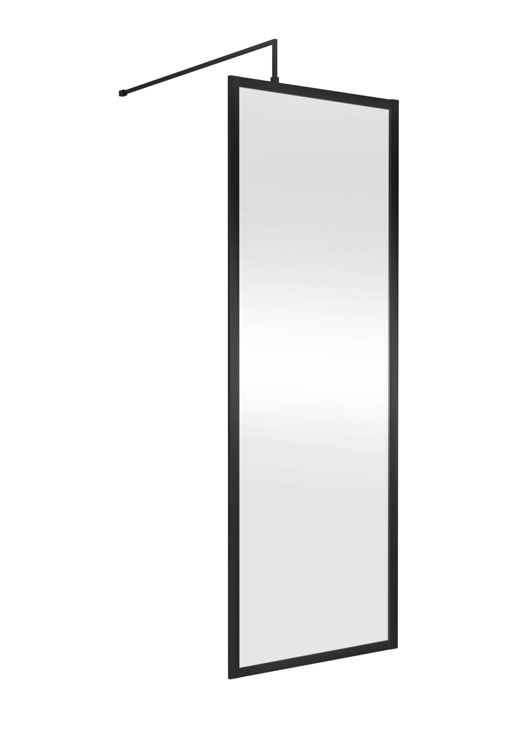 Sleek black-framed full-length bathroom mirror with modern minimalist design, ideal for contemporary bathroom aesthetics and enhancing space perception.