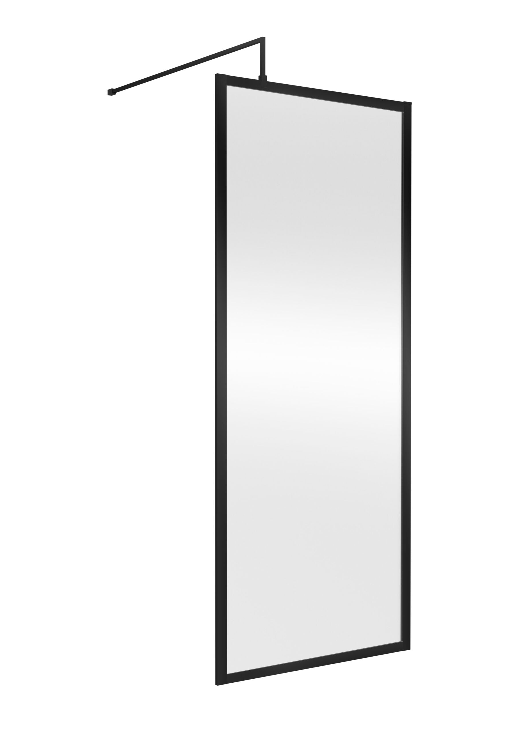 Sleek black-framed full-length bathroom mirror with modern minimalistic design, ideal for contemporary bathroom decor.