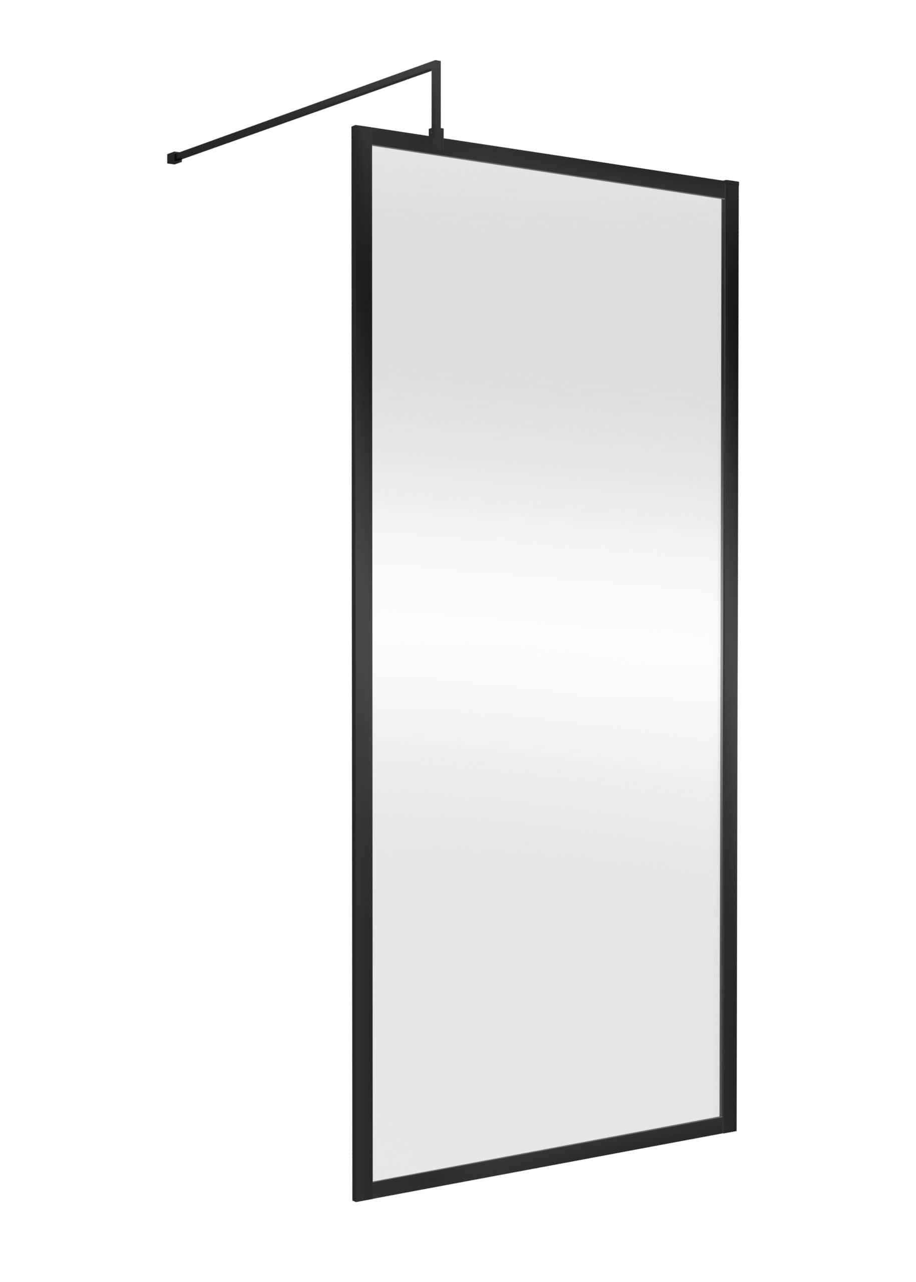 Modern black-framed bathroom full-length mirror with adjustable wall mounting, ideal for contemporary bathrooms, vanity areas, and dressing spaces, combining style and functionality.