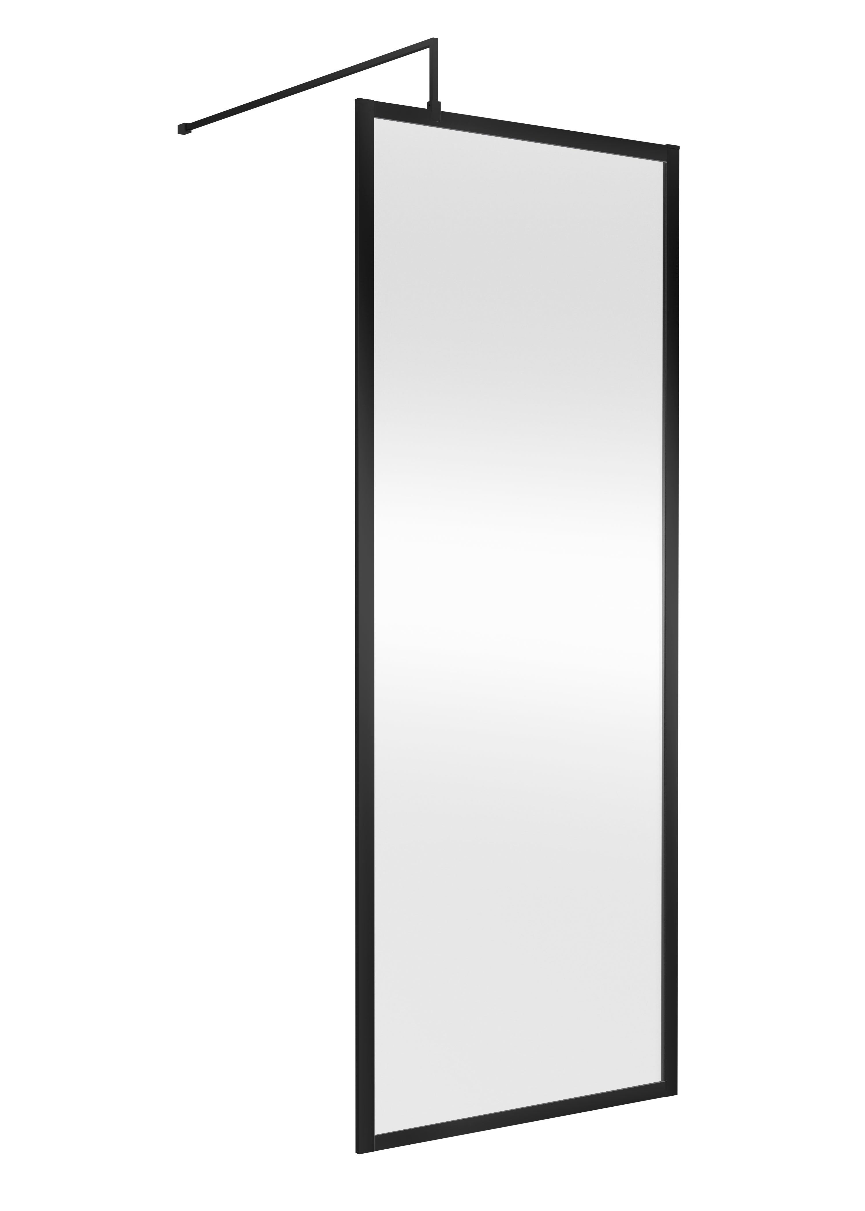Sleek black-framed full-length bathroom mirror with adjustable arm for versatile placement. Modern design ideal for contemporary bathrooms, enhancing space and style.