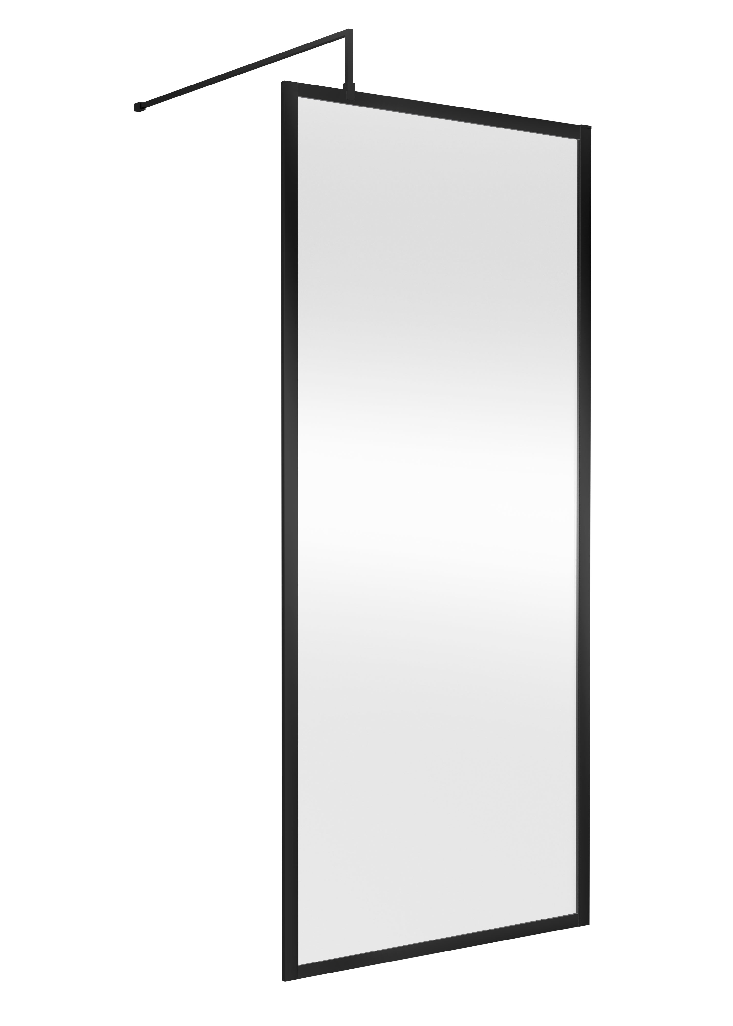 Sleek black-framed standing bathroom mirror with a modern minimalist design, suitable for contemporary bathroom interiors and vanity areas.