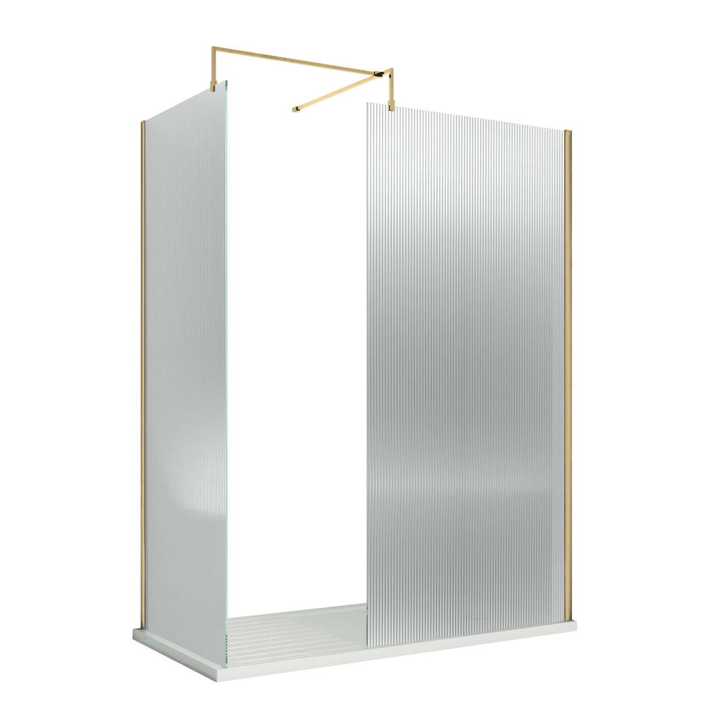 Chrome and brass shower panel with textured frosted glass doors, modern bathroom shower enclosure.
