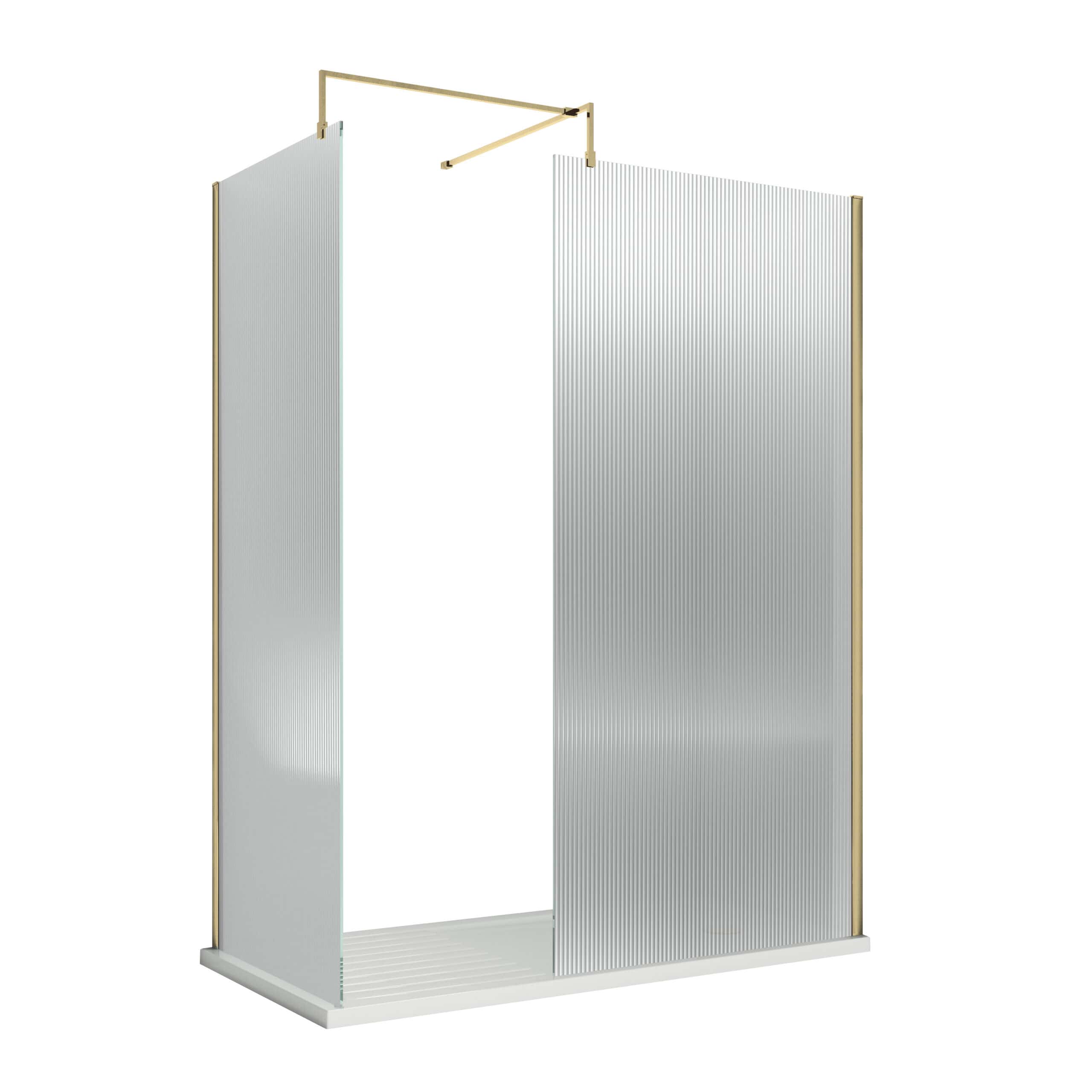 Chrome and brass shower panel with textured frosted glass doors, modern bathroom shower enclosure.