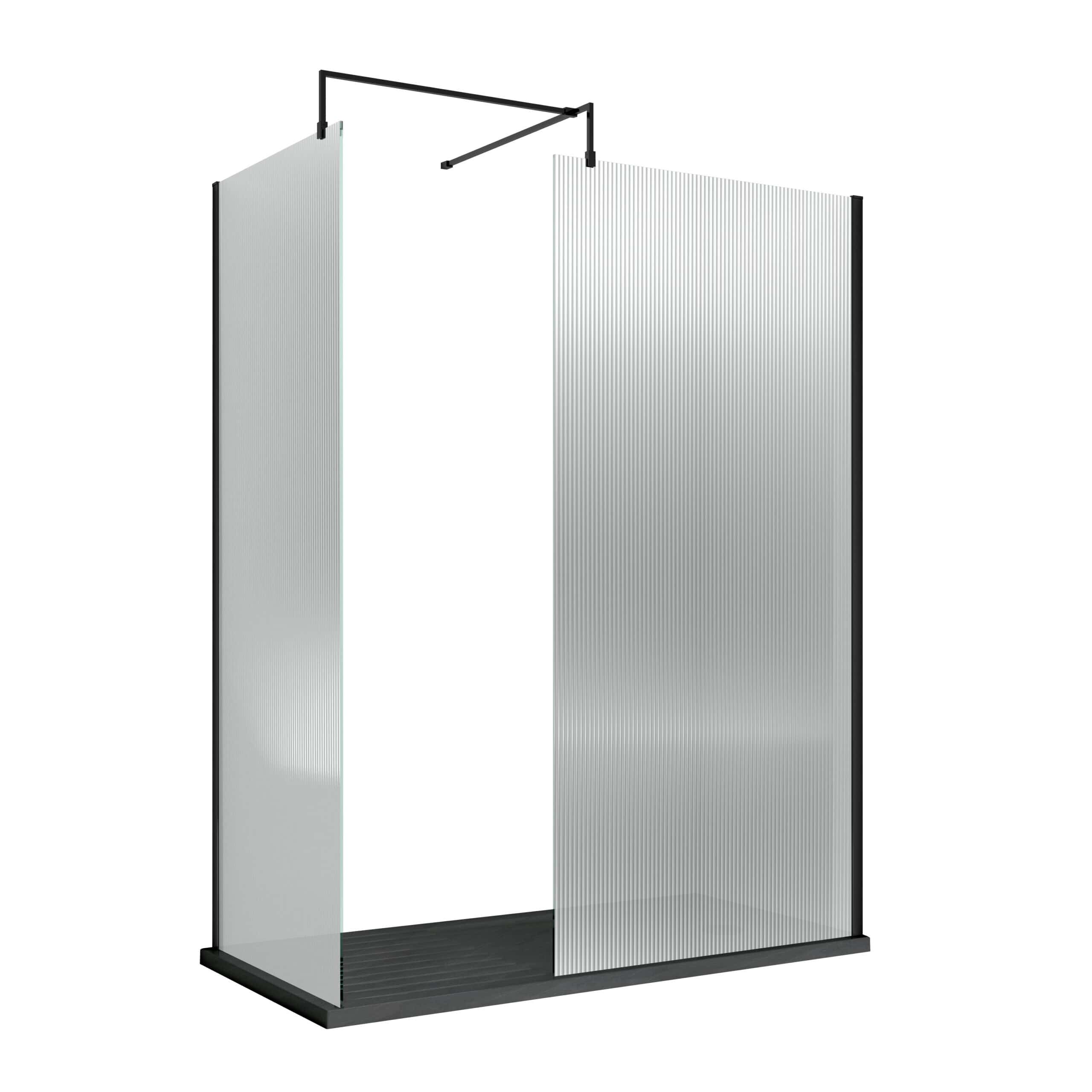 Sleek modern shower enclosure with frosted glass panels, black metal frame, and practical base, ideal for contemporary bathrooms and luxury shower spaces.