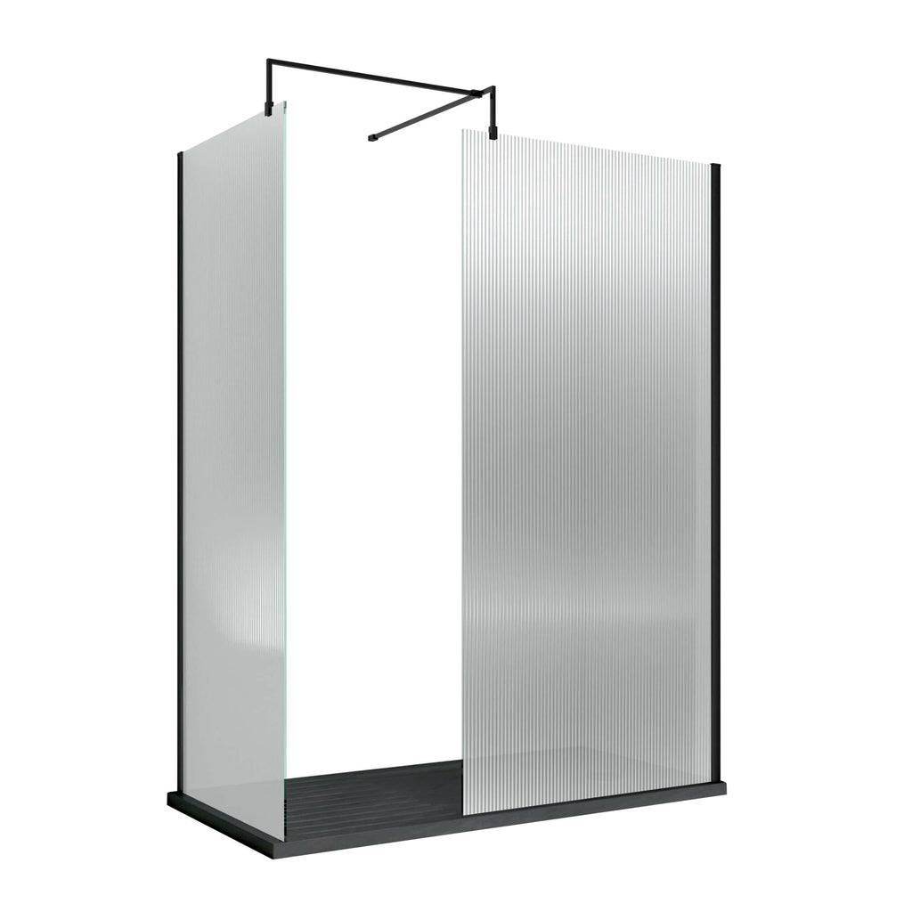 Sleek modern shower enclosure with frosted glass panels, black metal frame, and practical base, ideal for contemporary bathrooms and luxury shower spaces.