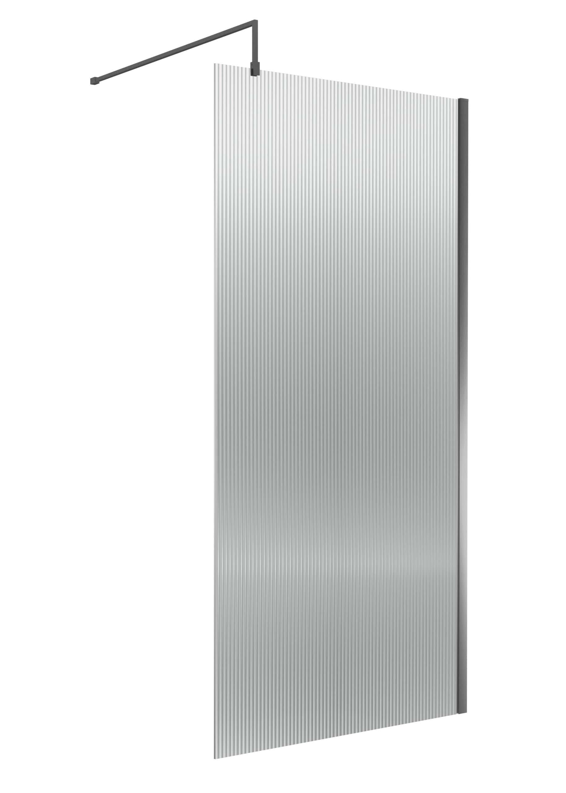 Sleek, modern shower screen with textured glass panel and black frame, ideal for contemporary bathrooms, enhances privacy and style. Perfect for creating a minimalist shower enclosure.