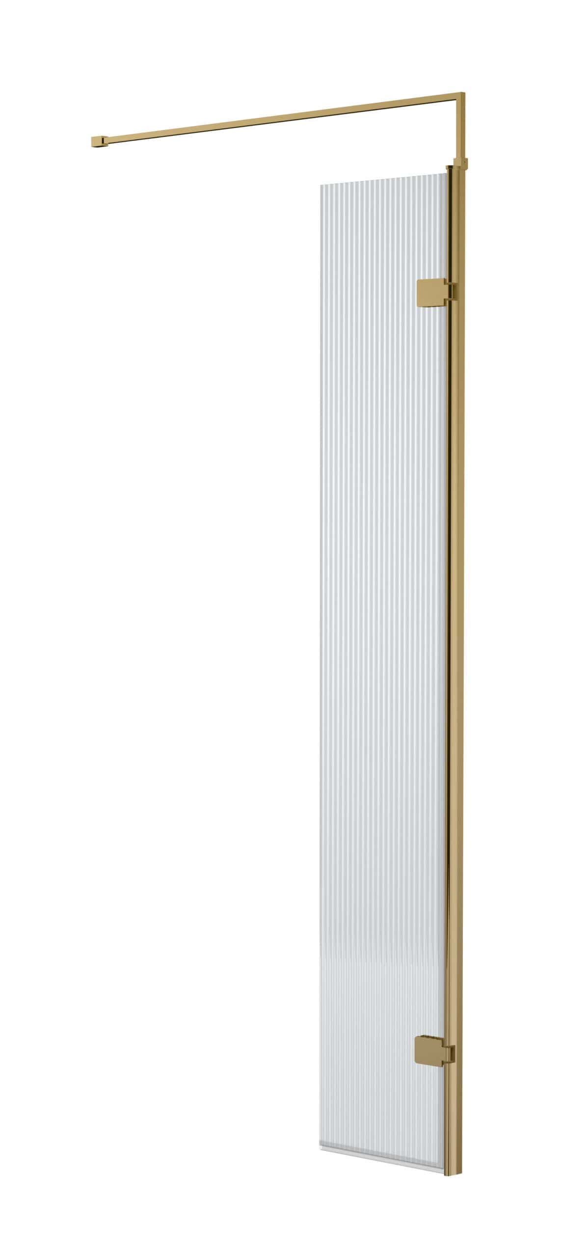 Sleek shower panel with clear glass and gold accents, modern bathroom design, elegant wet room shower enclosure, premium bathroom fittings, minimalist bathroom decor.