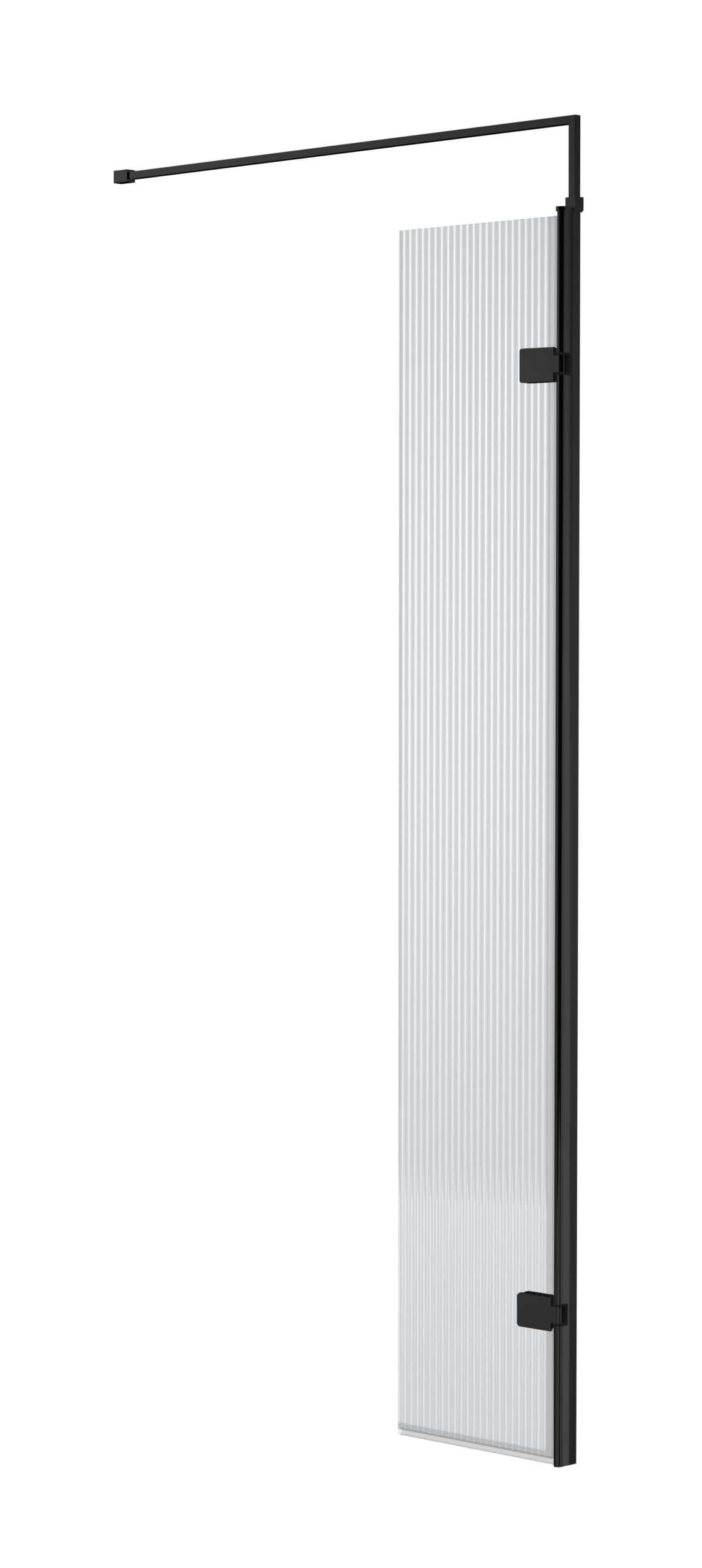 Stylish black-framed shower screen with clear textured glass for modern bathroom design, offering privacy and elegance in Bubly Bathrooms' shower enclosure collection.