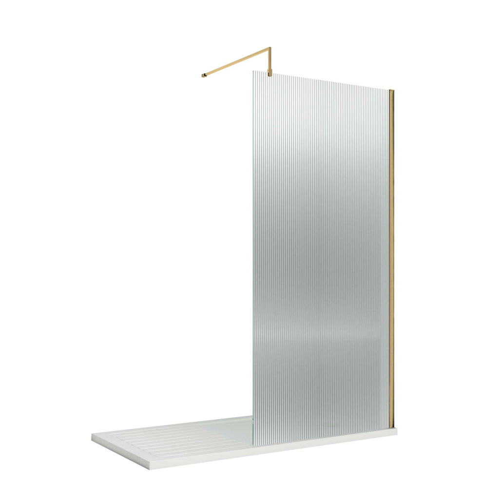 Modern corrugated shower screen with gold accents, perfect for contemporary bathrooms. Durable and stylish design by Bubly Bathrooms enhances shower areas with elegance and functionality.