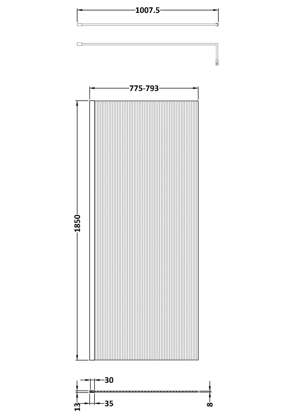 Modern walk-in glass shower screen with sleek design, ideal for contemporary bathrooms, featuring dimensions 1850mm height and adjustable width for custom fit.