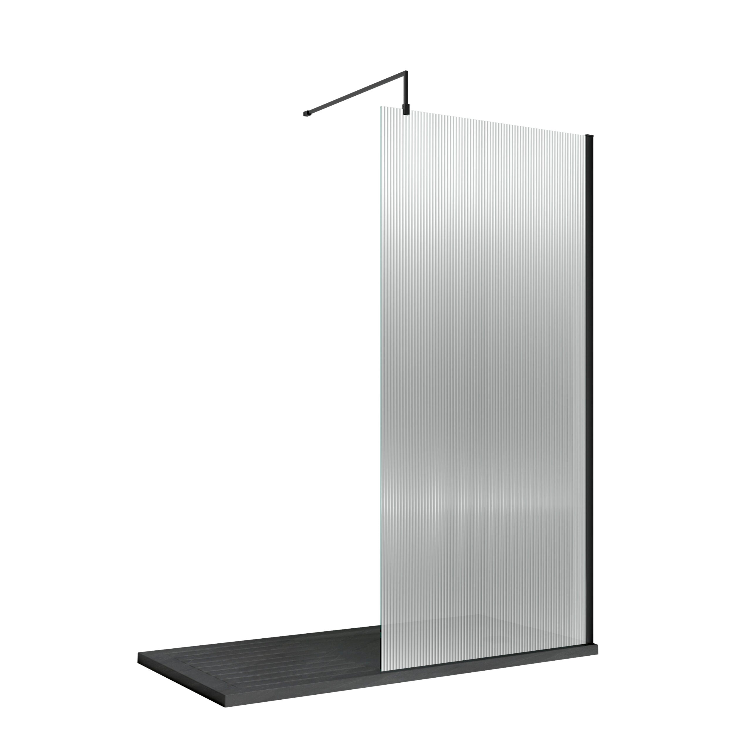 Glass shower screen with black metal edge trim and a modern minimalist design for contemporary bathrooms at Bubly Bathrooms.