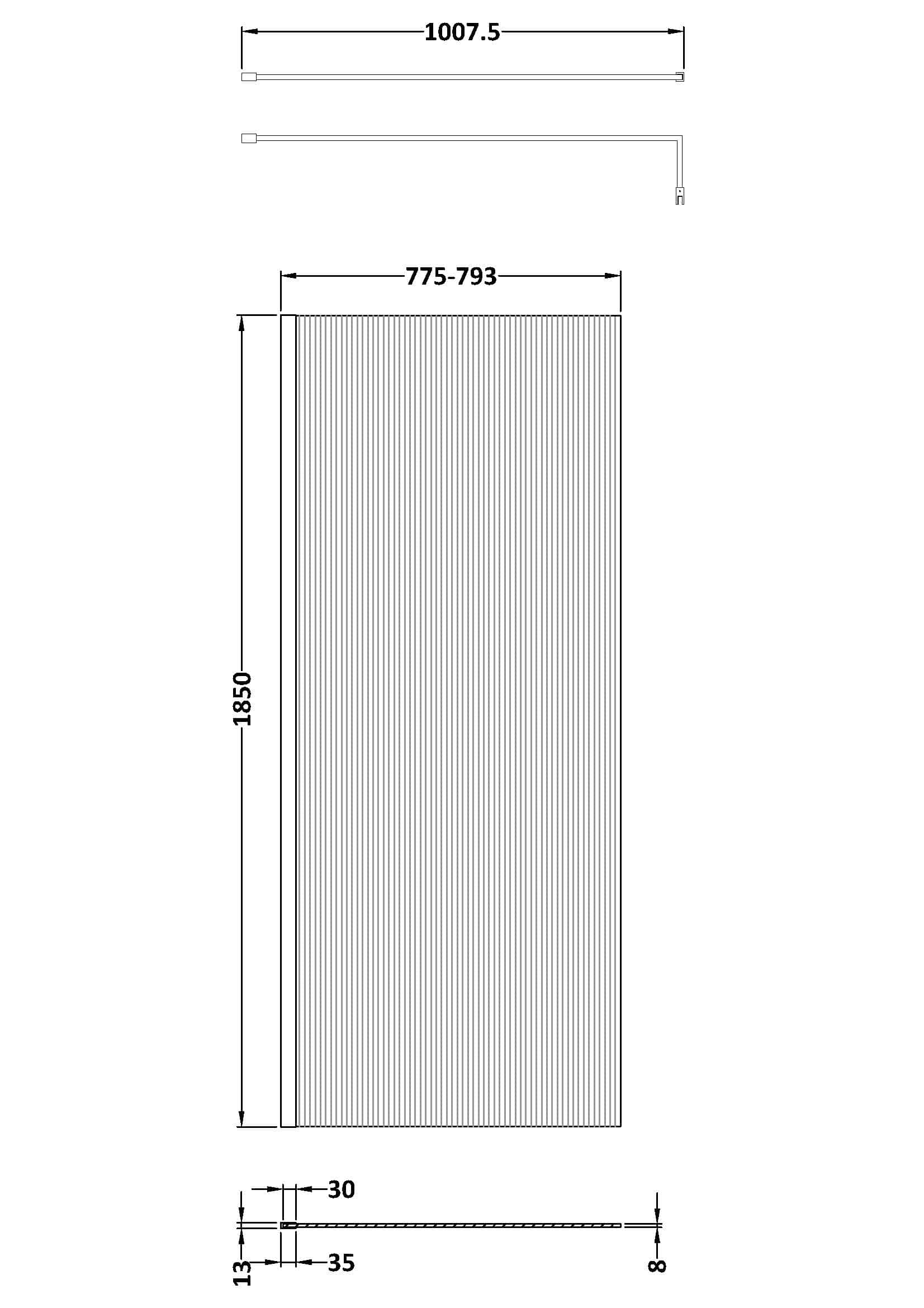 Smart shower door with adjustable width, sleek design for modern bathrooms, measuring 1850mm high with flexible 775-793mm width, featuring durable hinges and smooth operation.