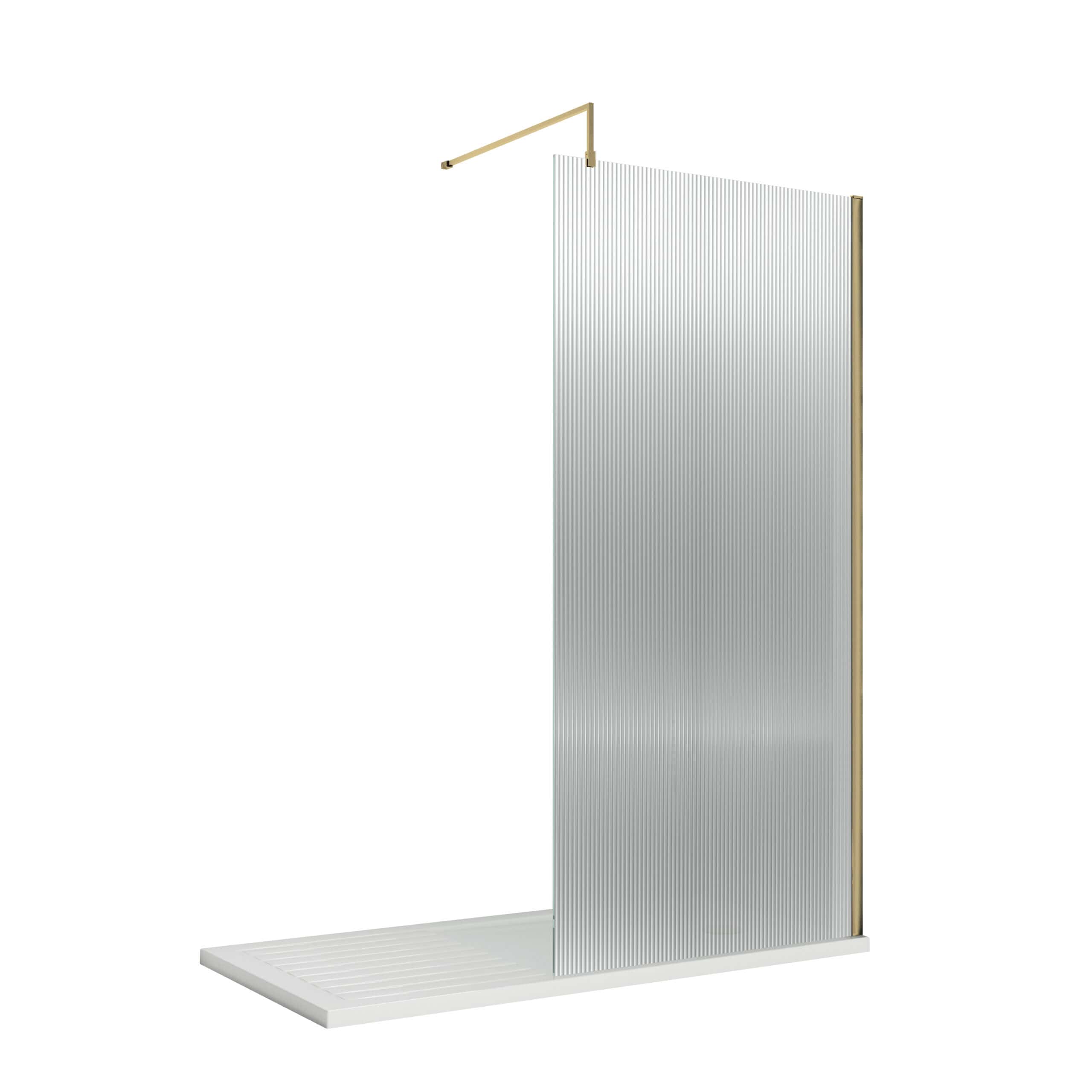 Elegant transparent acrylic bathroom shower screen with brass frame, modern design, and textured glass for privacy, ideal for contemporary bathroom renovations.