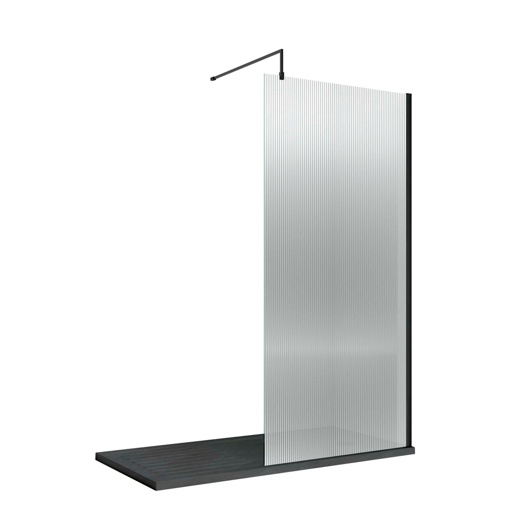 Sleek modern shower panel with black accents, transparent glass, and drainage base, designed for contemporary bathroom bathrooms by Bubly Bathrooms.