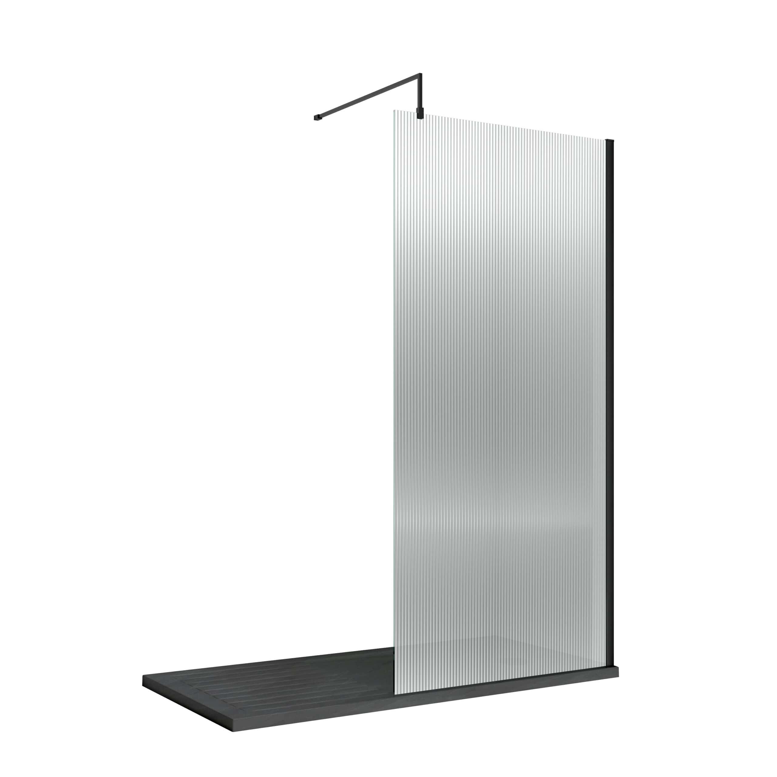 Sleek modern shower panel with black accents, transparent glass, and drainage base, designed for contemporary bathroom bathrooms by Bubly Bathrooms.