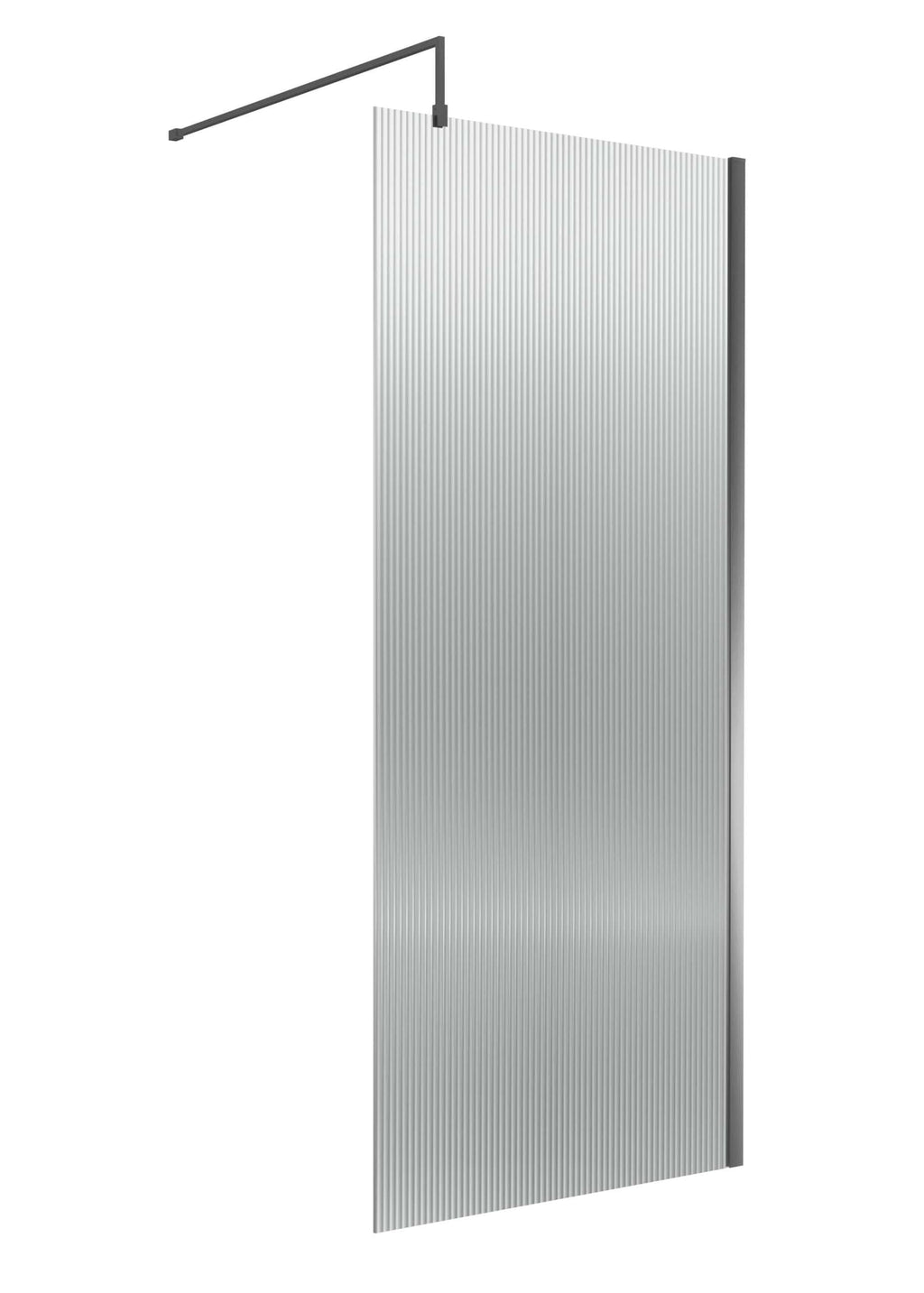 Simple modern shower screen with ribbed glass and black metal frame, perfect for contemporary bathrooms.