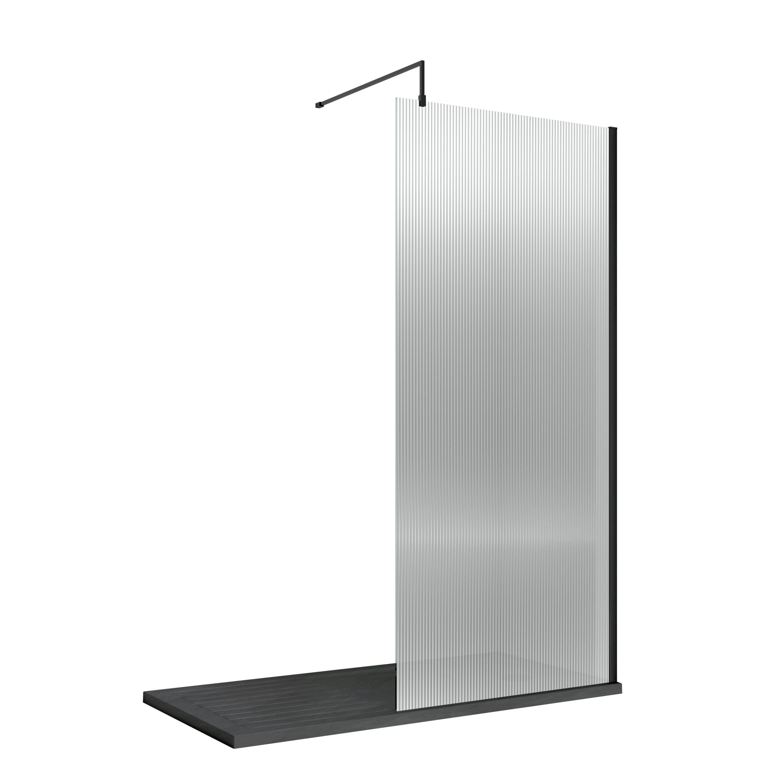 Sleek modern shower screen with black accents, transparent ribbed glass panel, and black matte base, ideal for contemporary bathroom designs.