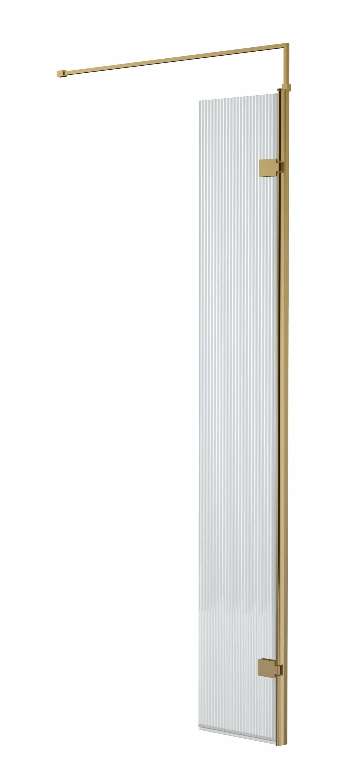 Sleek gold-framed shower screen with transparent glass panel, designed for modern bathrooms and easy installation by Bubly Bathrooms.