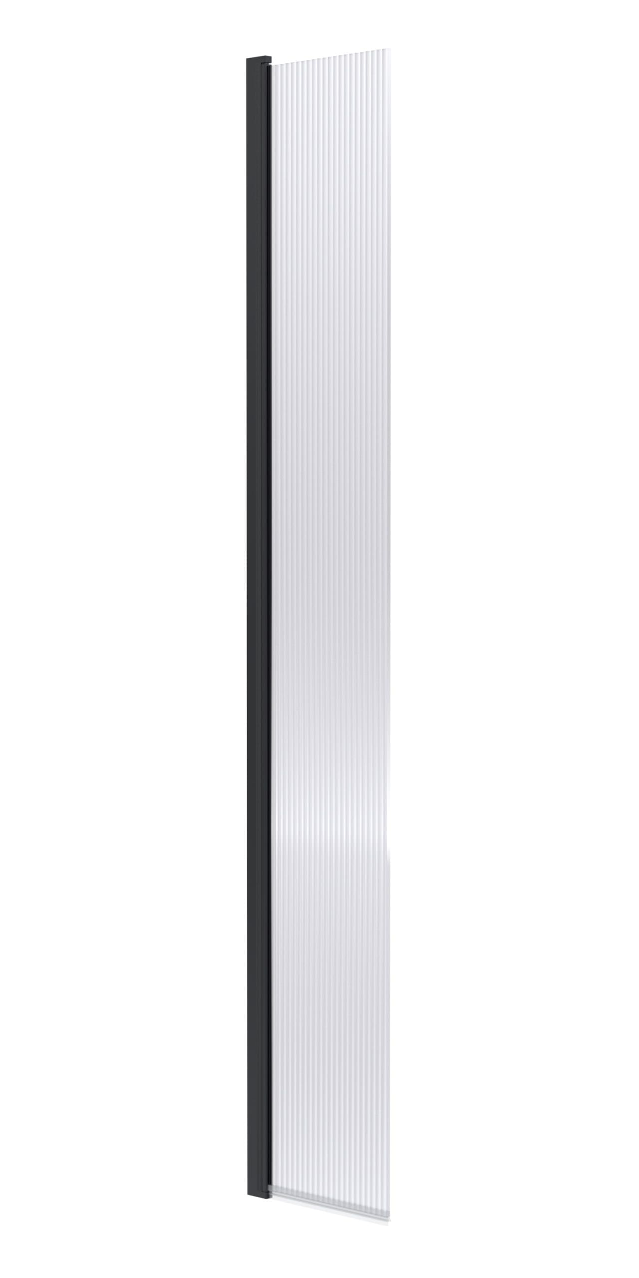 Sleek modern vertical shower screen with clear glass and black frame, ideal for contemporary bathroom designs, providing a stylish and functional shower solution.