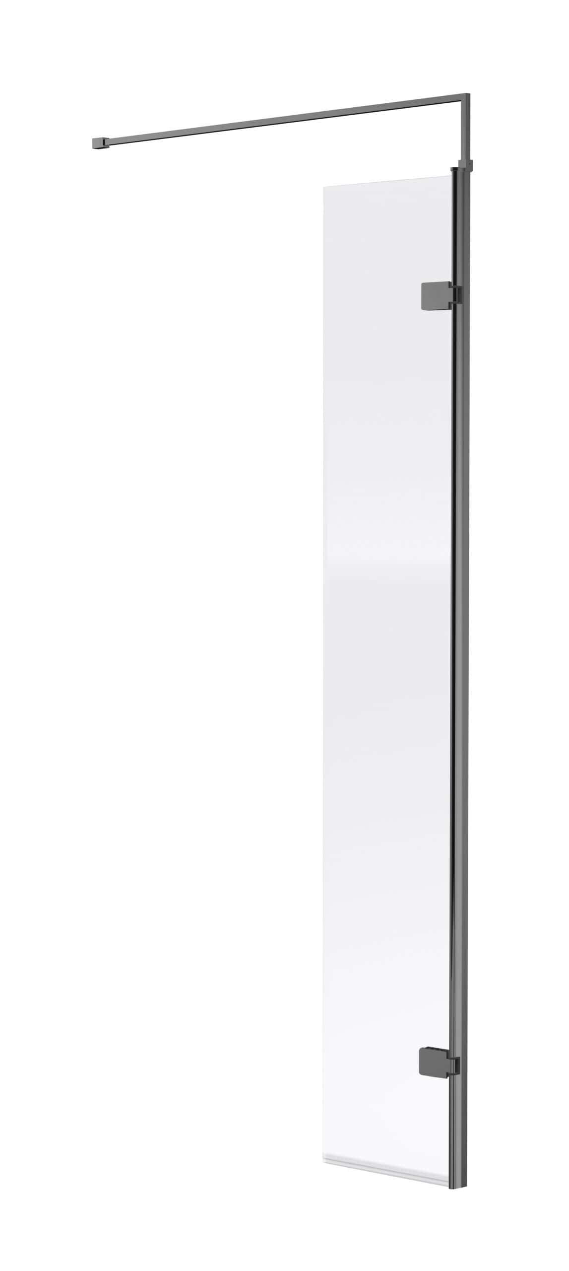 Sleek frameless glass shower screen with adjustable hinges and a modern minimalist design, ideal for contemporary bathrooms. Perfect for creating a stylish and functional shower enclosure.