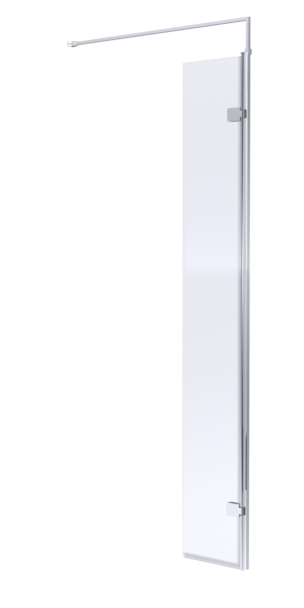 Shower door with sleek glass panel and modern silver hardware, ideal for contemporary bathroom designs at Bubly Bathrooms.