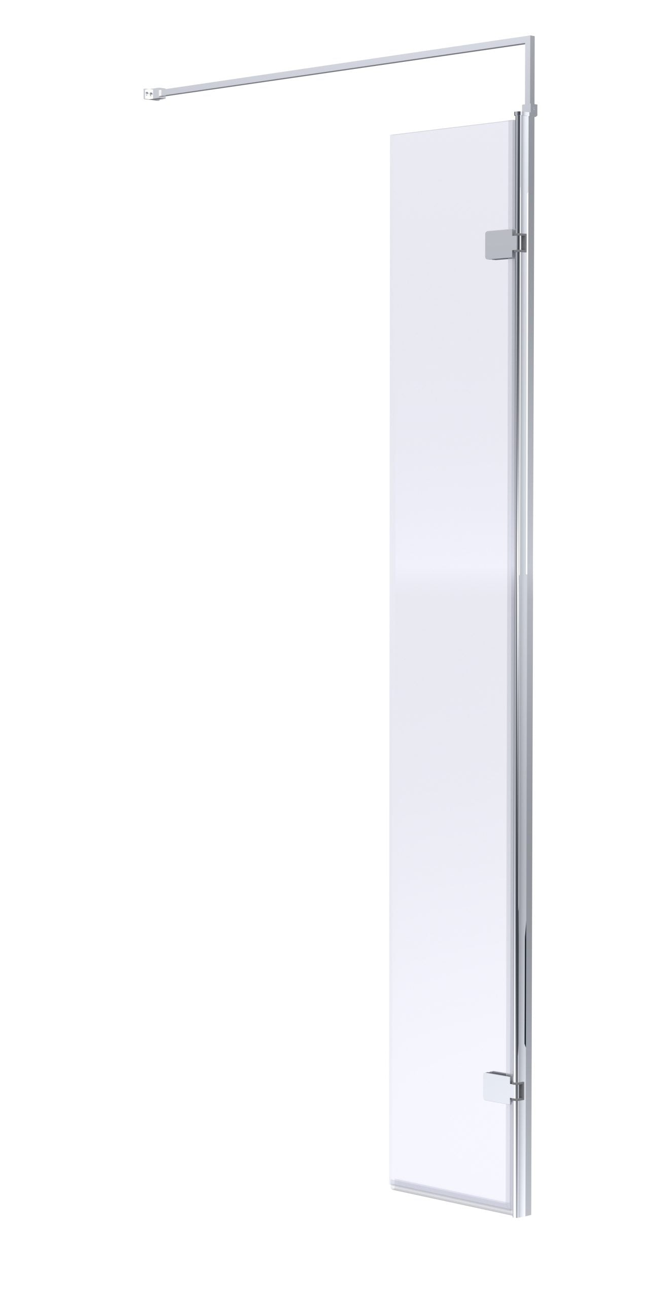 Shower door with sleek glass panel and modern silver hardware, ideal for contemporary bathroom designs at Bubly Bathrooms.
