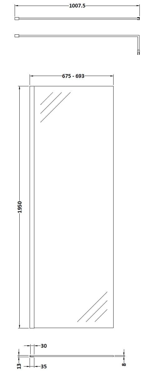 Shower door technical drawing with dimensions for Bubly Bathrooms, illustrating installation measurements and specifications.