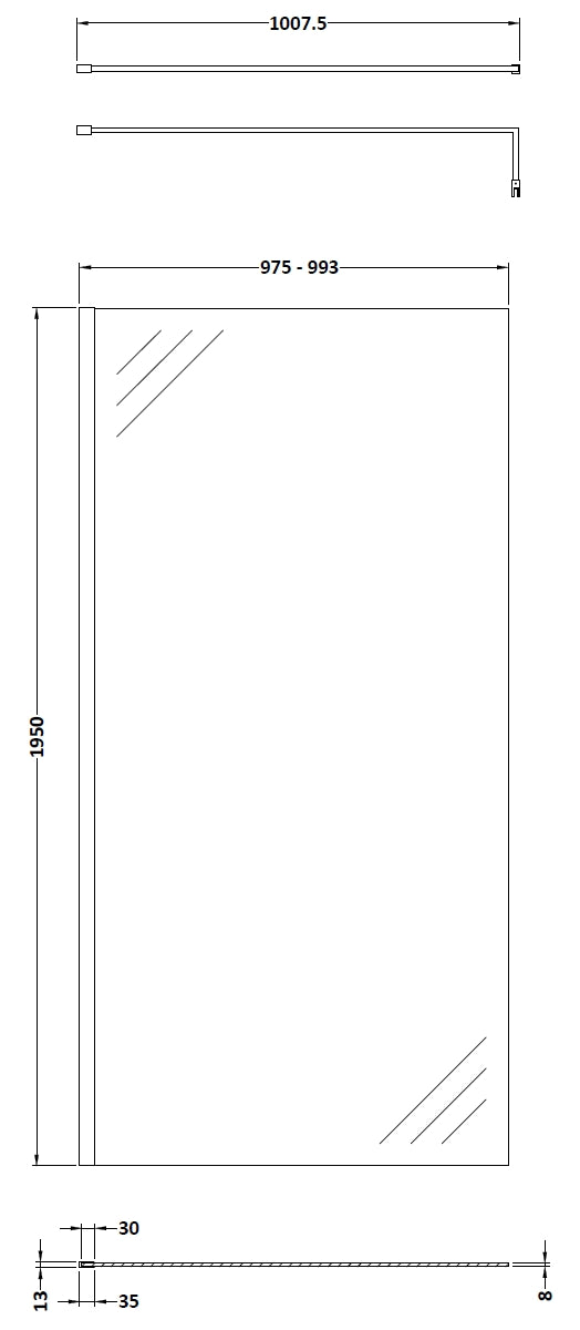 Clear frameless shower door with sleek design, measuring 975-993mm width and 1950mm height, ideal for modern bathrooms. Features durable glass and easy installation for a stylish bathroom upgrade.