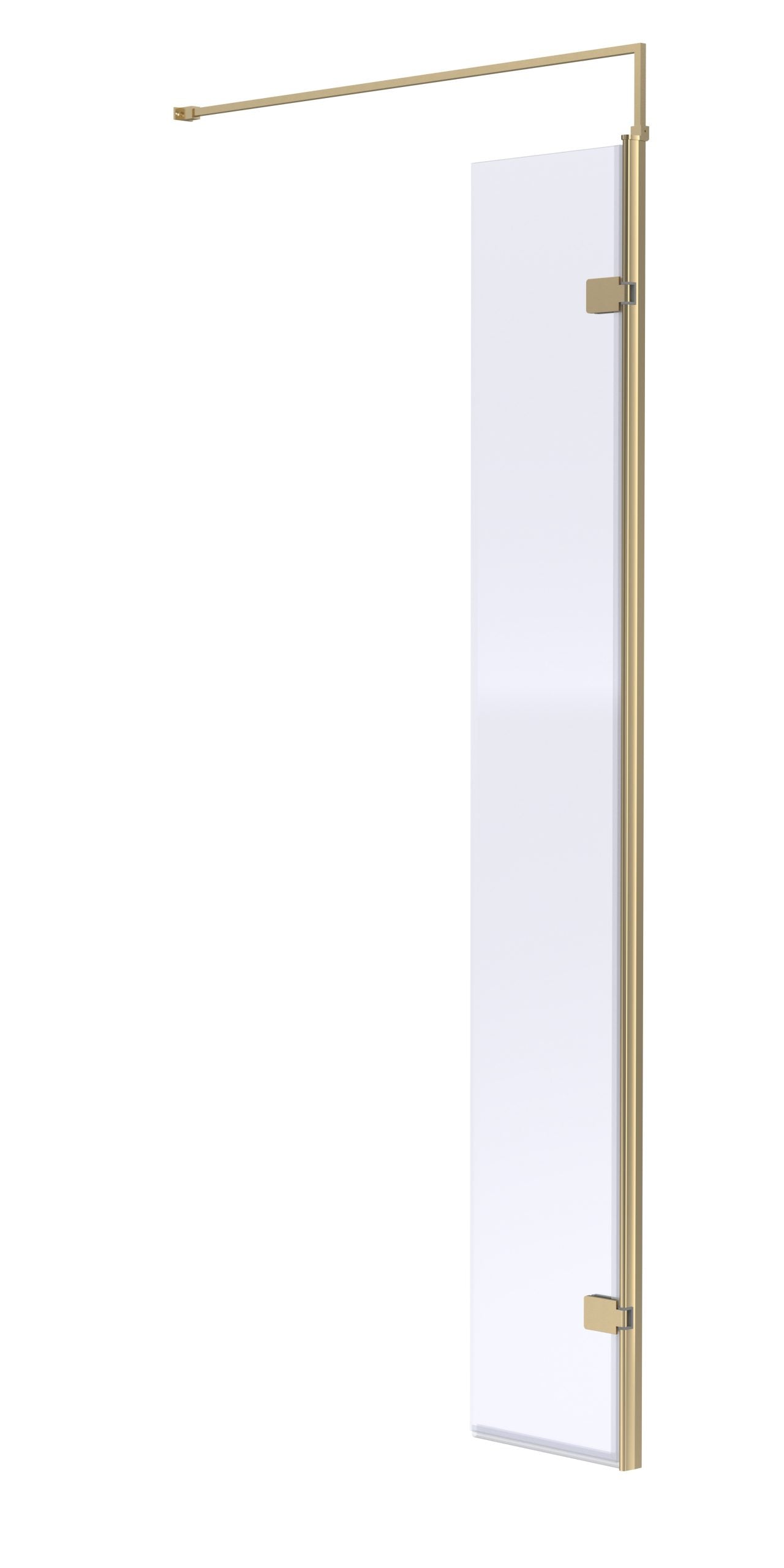 Clear glass shower screen with brass hinges and support rail, designed for modern bathrooms, offering a sleek look and durable functionality. Perfect for enhancing bathroom aesthetics.