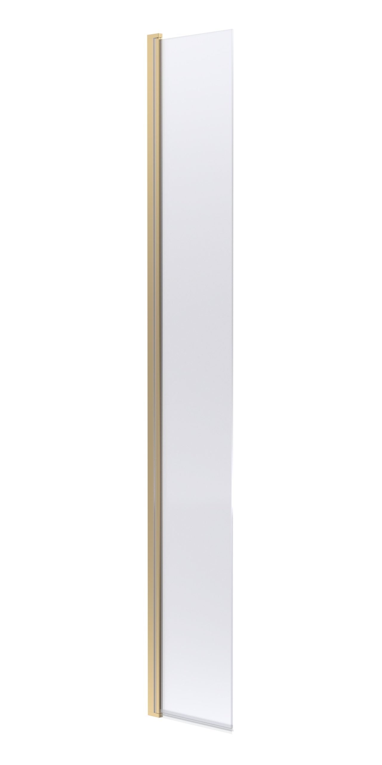 Slender white bathroom shower screen with gold trim, modern and minimalist design, perfect for contemporary bathroom renovation.