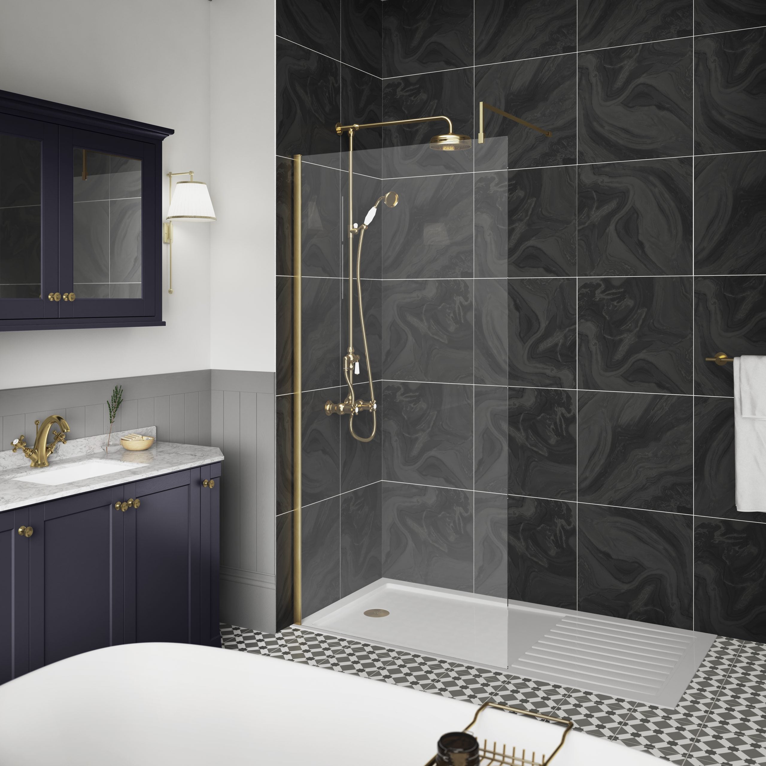 Elegant walk-in shower with black marble-effect tiles, brass fixtures, and a rain shower head, complemented by classic navy blue vanity with marble countertop in luxurious Bubly Bathrooms.