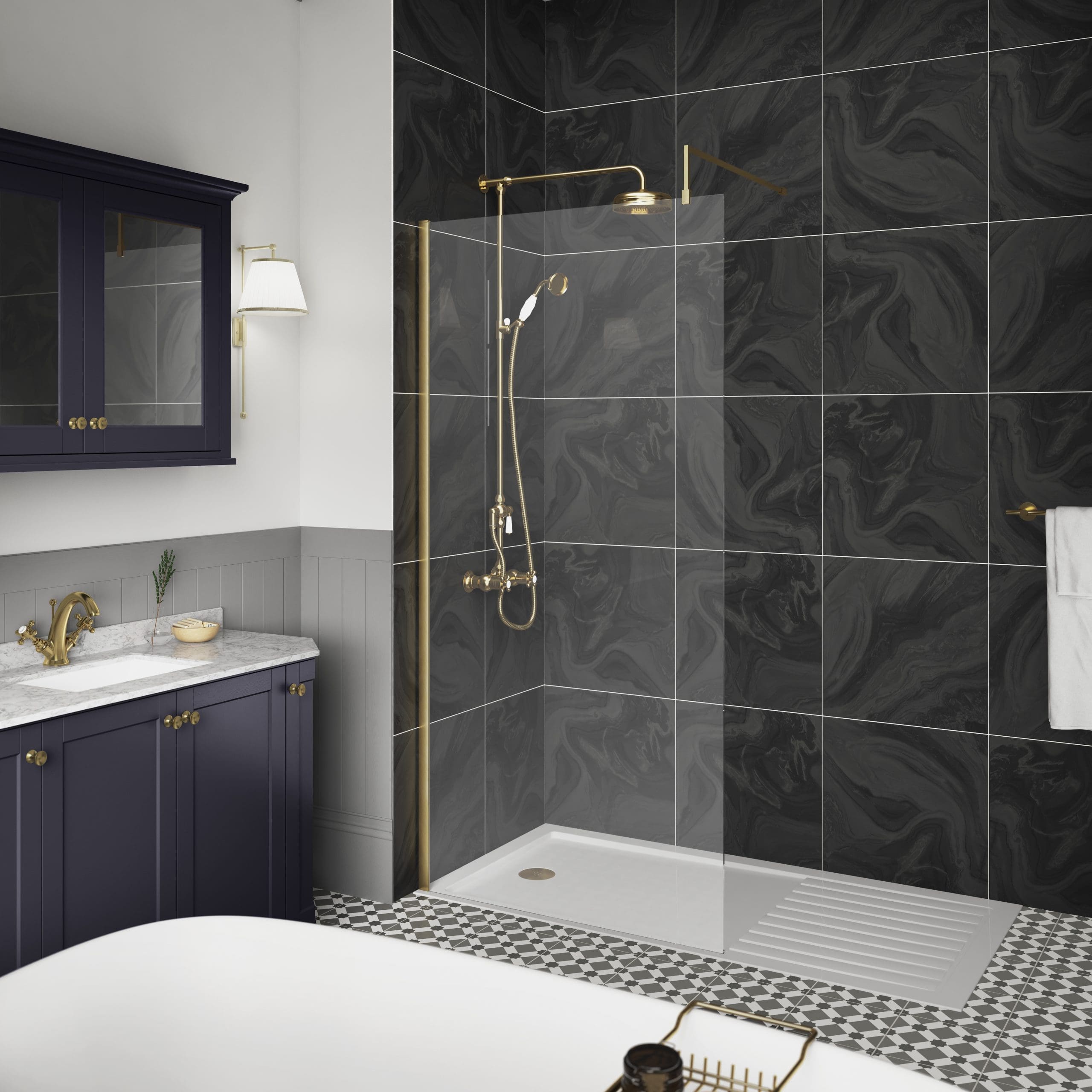 Shower bathroom with black marble tiles and gold fittings, navy vanity with marble top, classic wall sconce, and tiled floor with black and white geometric pattern.