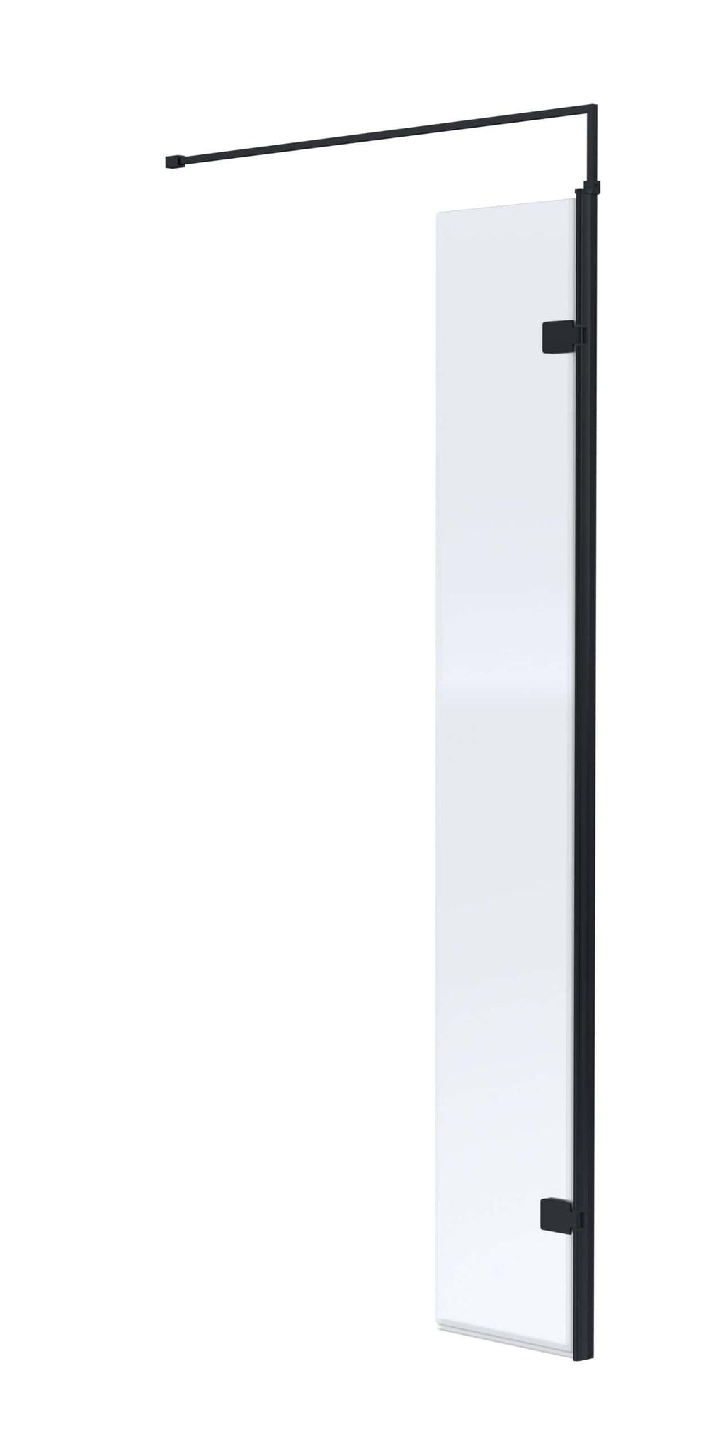 Clear glass shower panel with black metal frame and adjustable mounting brackets, ideal for modern bathroom enclosures.
