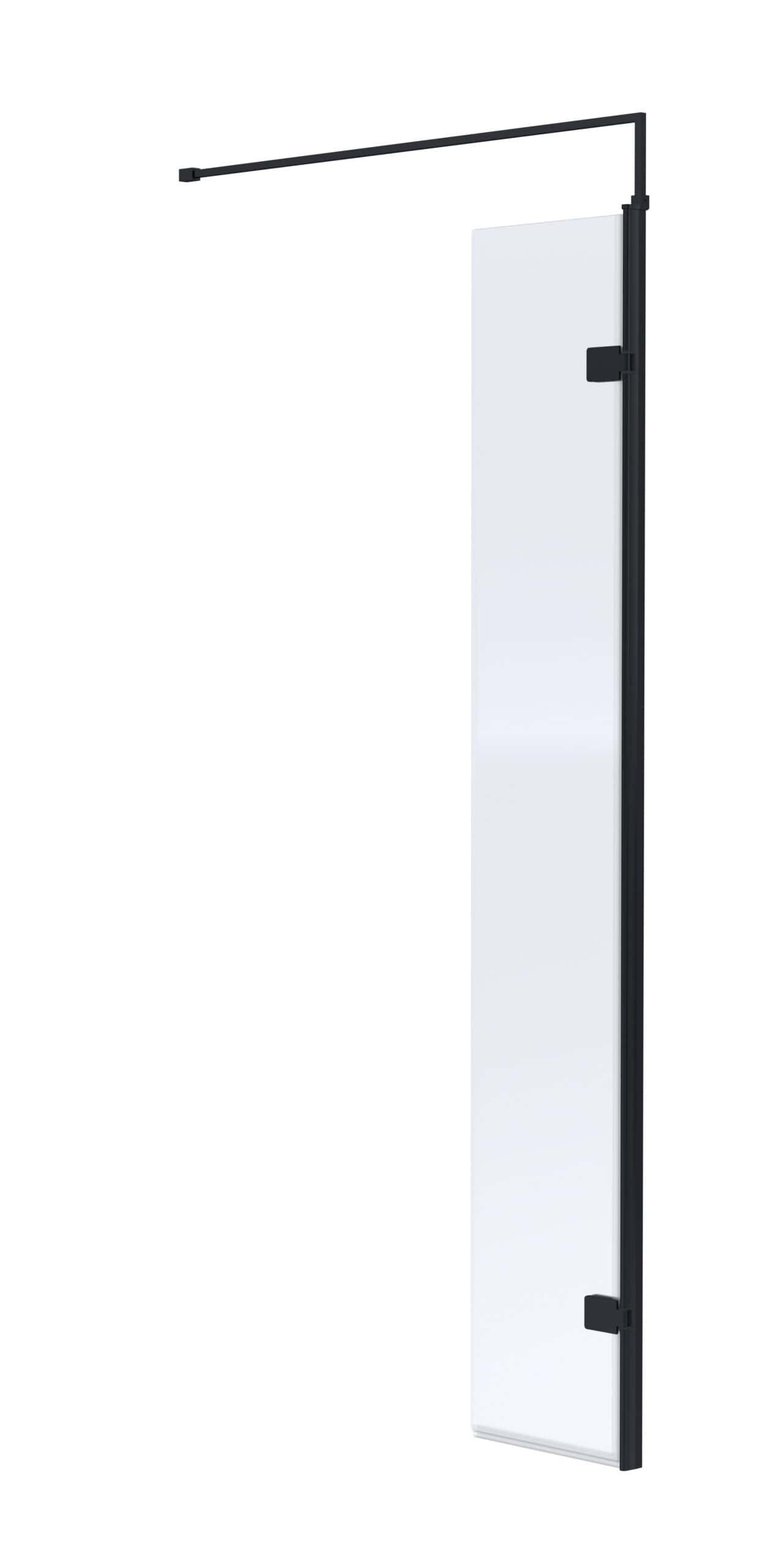 Clear glass shower panel with black metal frame and adjustable mounting brackets, ideal for modern bathroom enclosures.