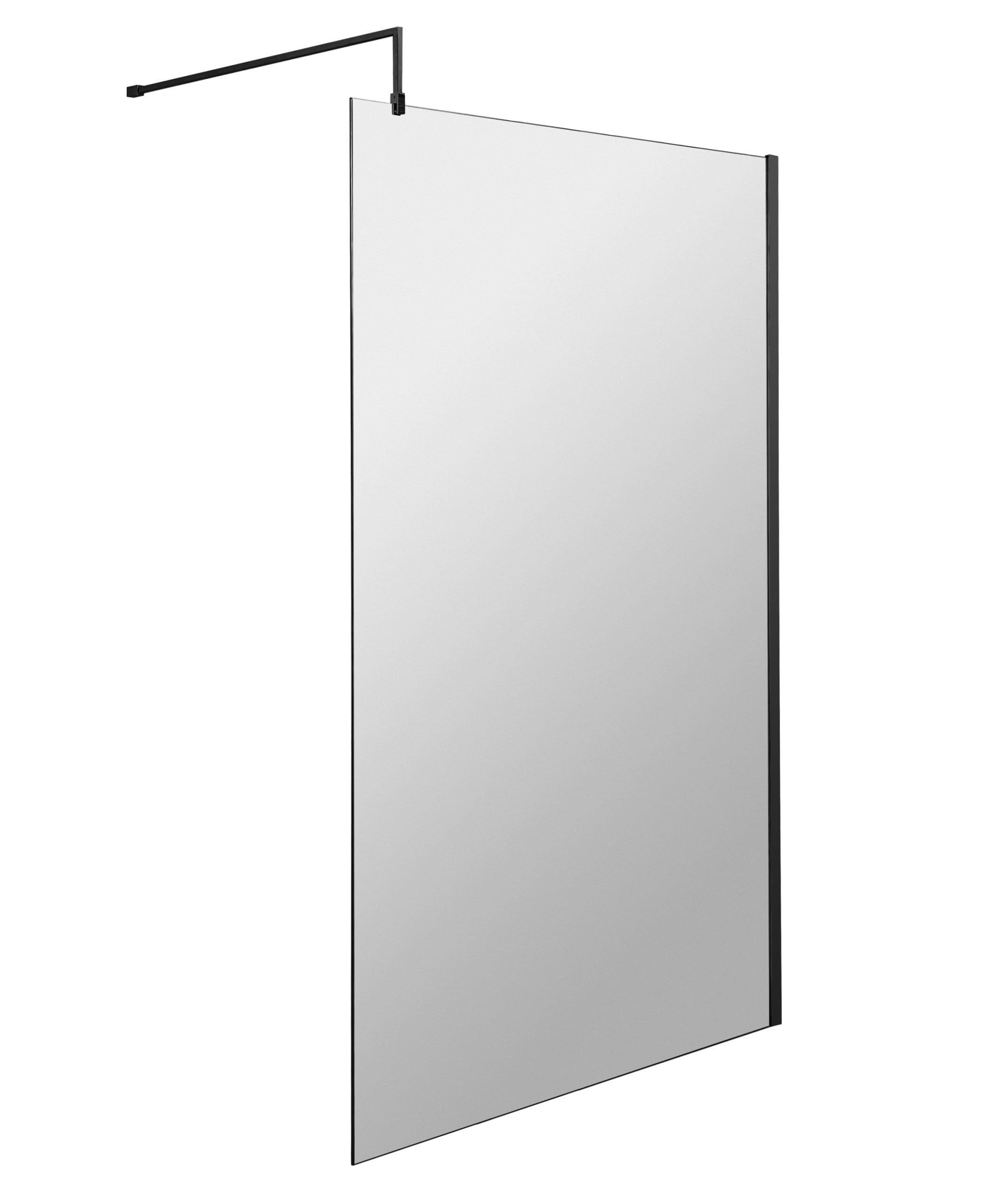 Sleek glass shower screen with black trim, suitable for modern bathrooms, enhances bathroom aesthetics and functionality.