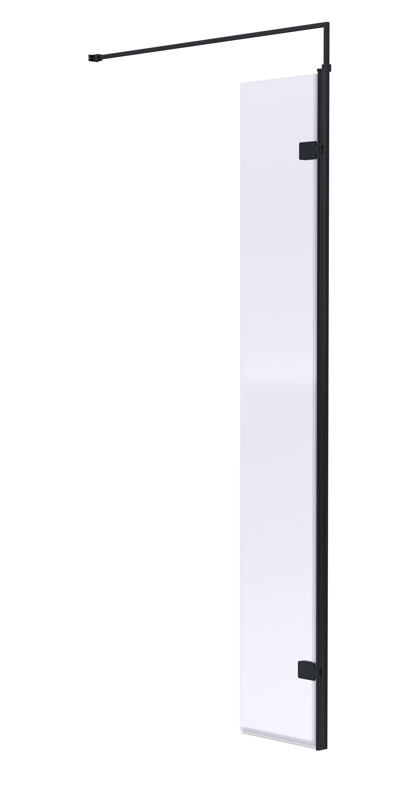 Sliding shower screen with black aluminium frame and clear glass panel for modern bathroom design.