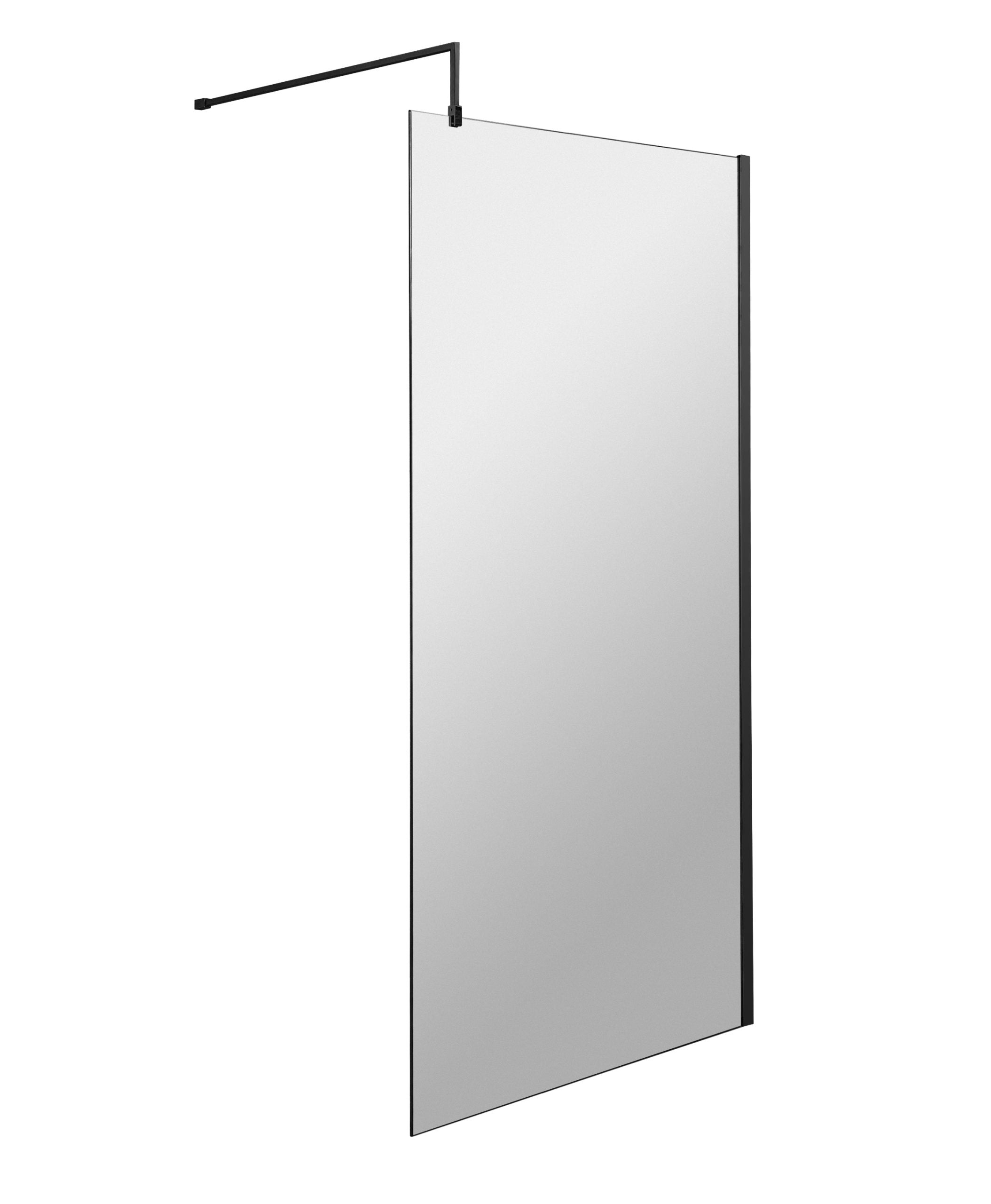 Clear glass shower screen with black frame, modern bathroom accessory for stylish shower enclosure.