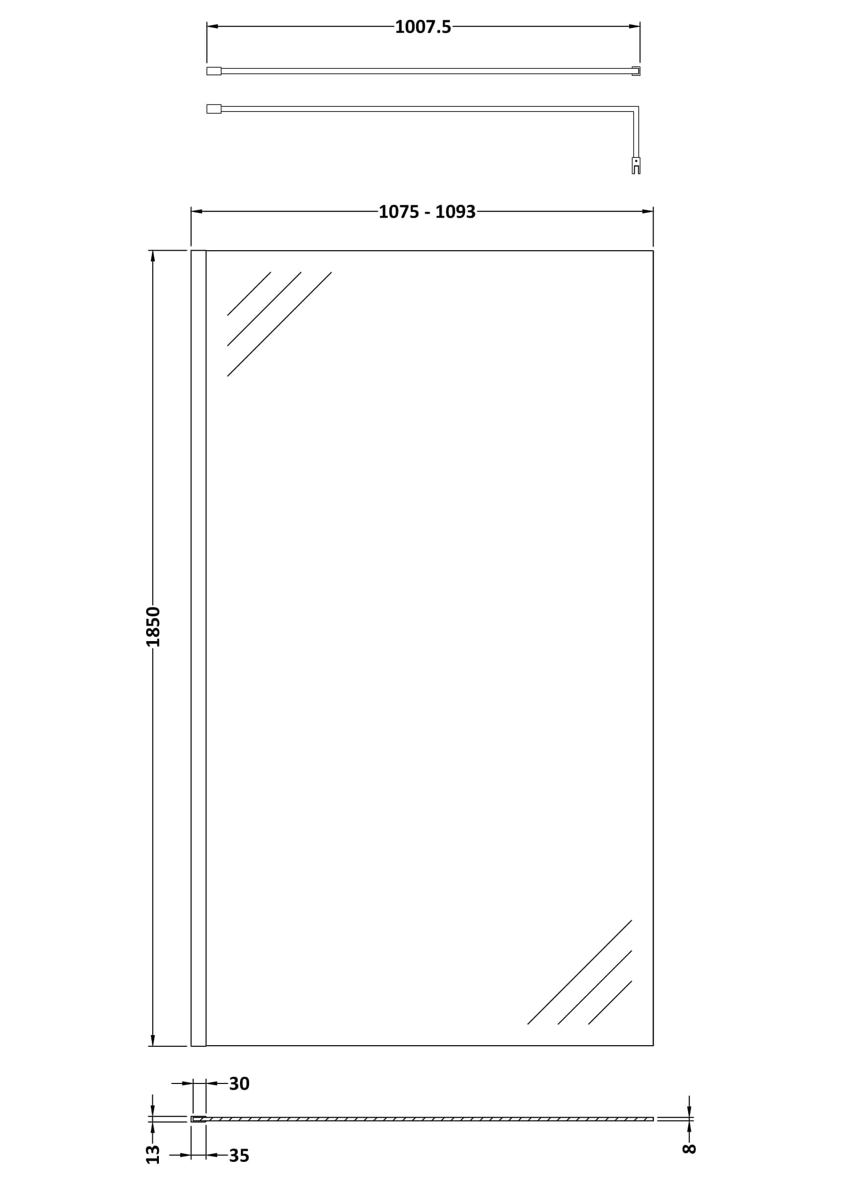 Glass shower door with chrome handle, designed for modern bathrooms, featuring precise dimensions and sleek style for optimal convenience and aesthetic appeal.