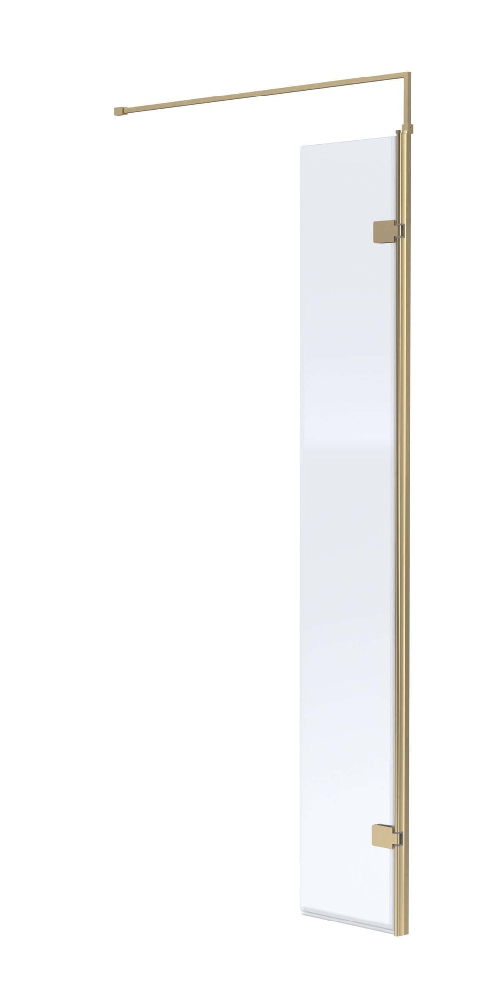 Shower screen with brass frame and fixed glass panel for modern Bubly Bathrooms design.