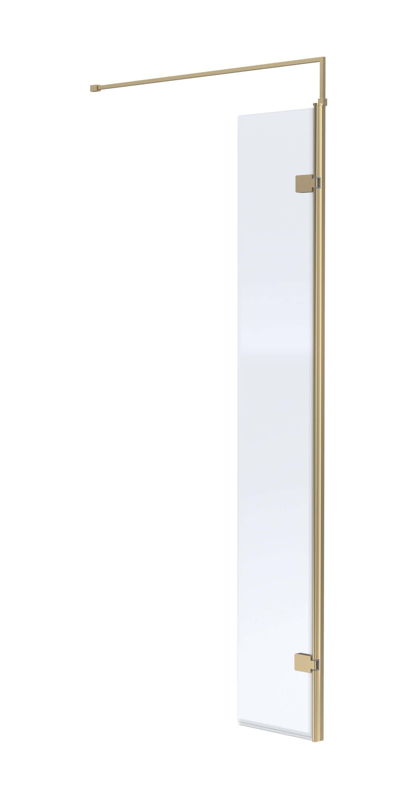 Shower screen with brass frame and fixed glass panel for modern Bubly Bathrooms design.
