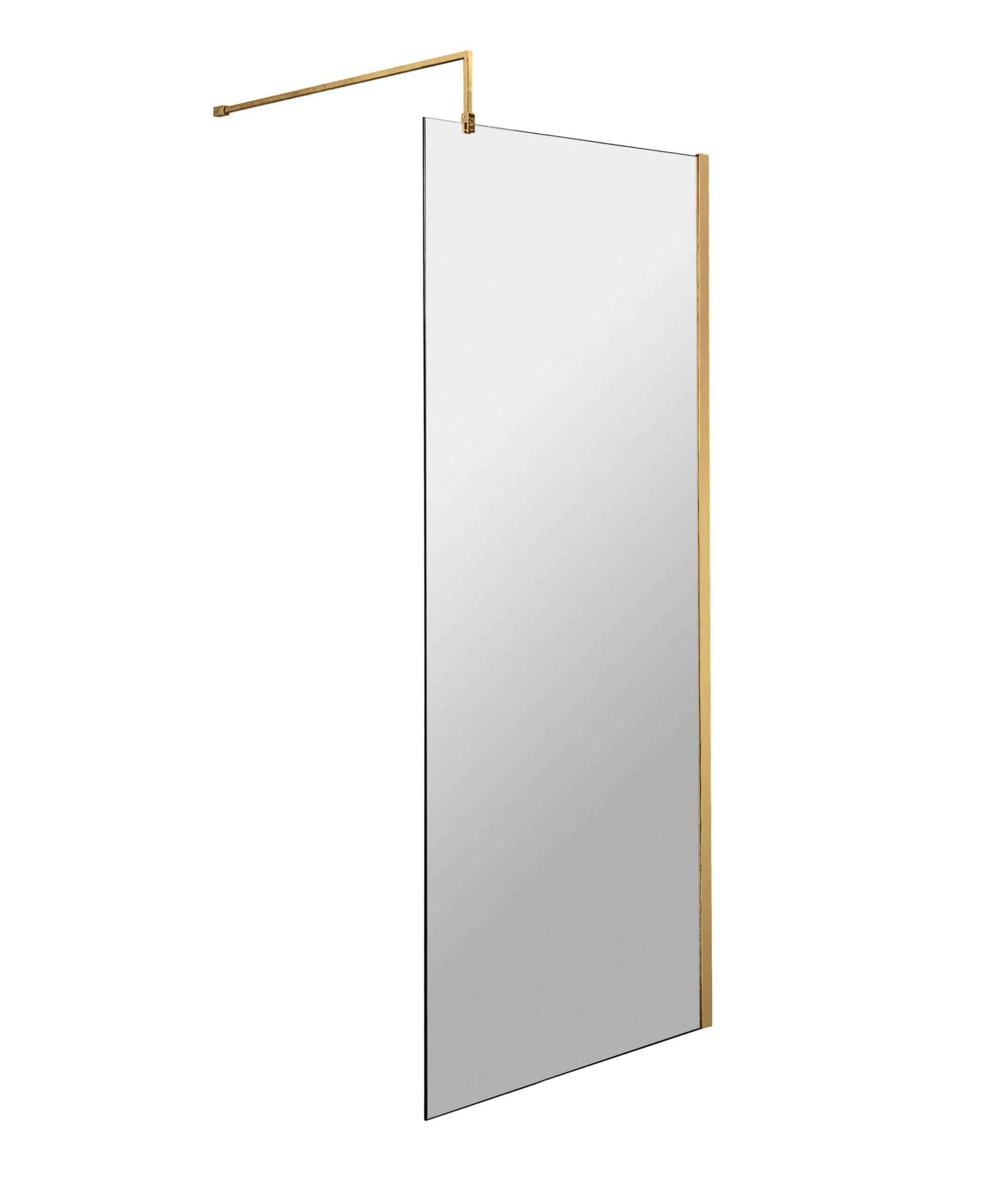 Sleek modern bathroom glass partition with gold accents, ideal for stylish shower enclosures and bathroom renovations.