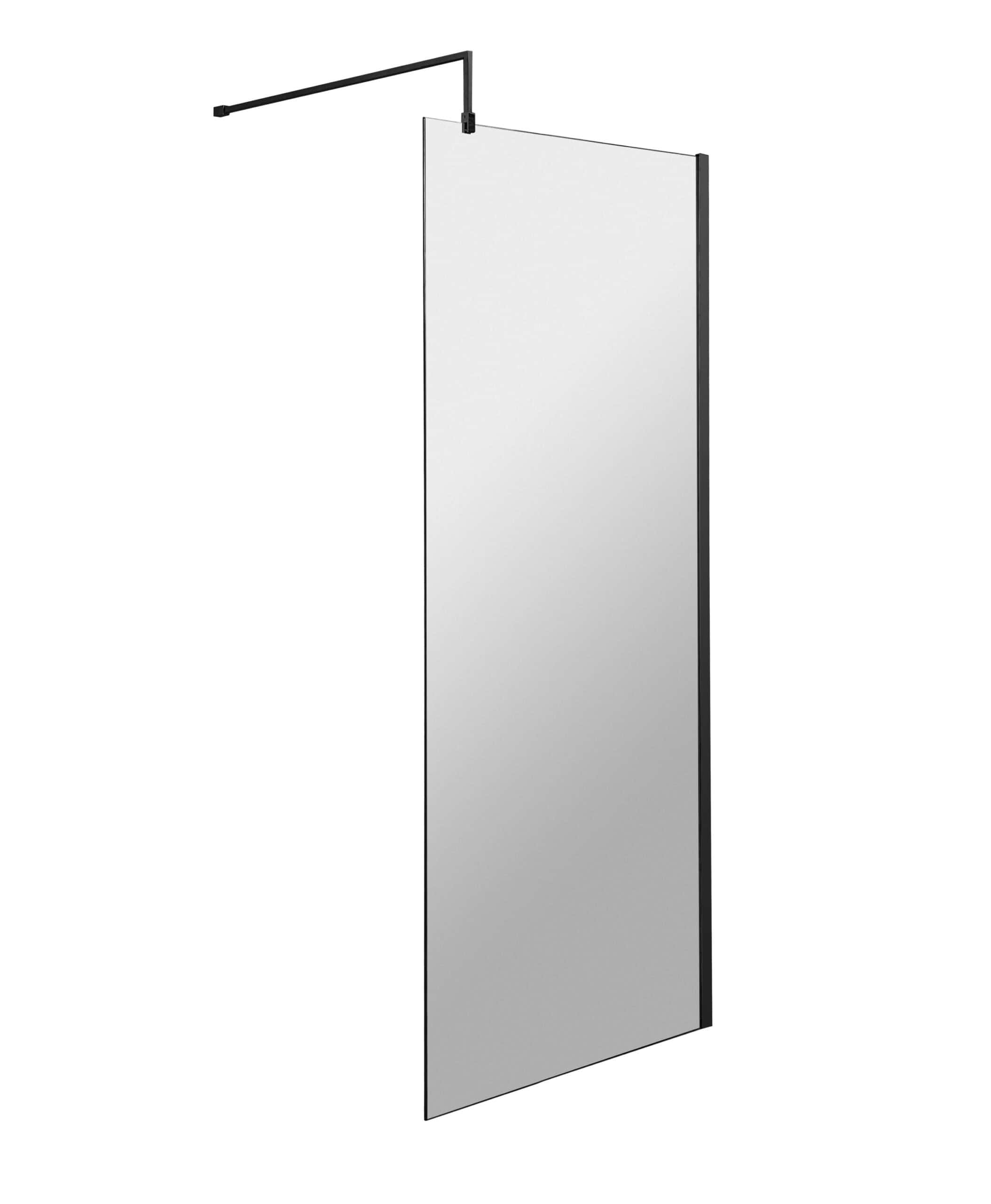 Sleek frameless shower screen with black metal frame for modern bathroom design.