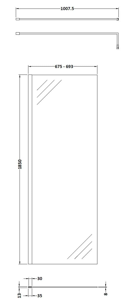 Clear glass shower door with precise dimensions, ideal for modern bathroom renovations. Features include adjustable width from 675-693mm, 1850mm height, and sleek black hardware for a stylish finish. Designed by Bubly Bathrooms.