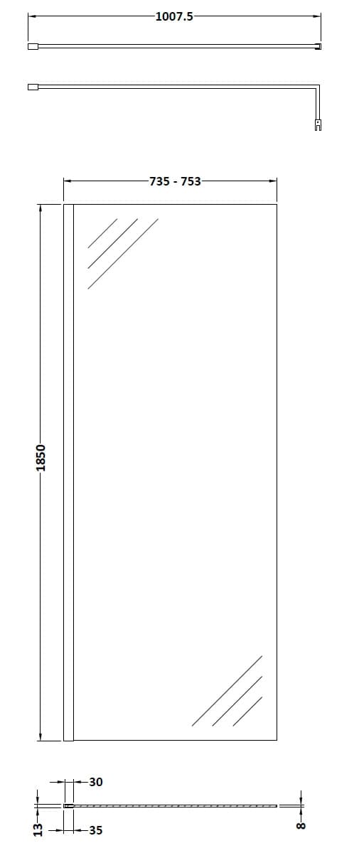 High-quality frameless glass shower door with sleek minimal design, measuring 1850mm in height and 735-753mm in width, ideal for modern bathroom renovations.