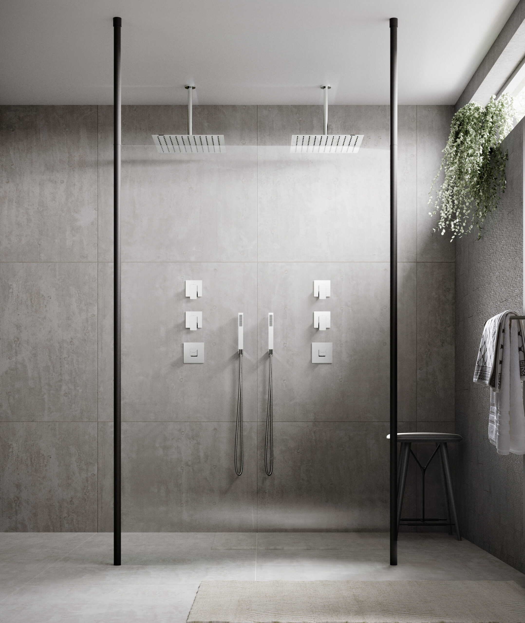 Sleek modern walk-in shower featuring multiple shower heads, handhelds, and minimalist controls in a contemporary bathroom setting. Perfect for a stylish upgrade.