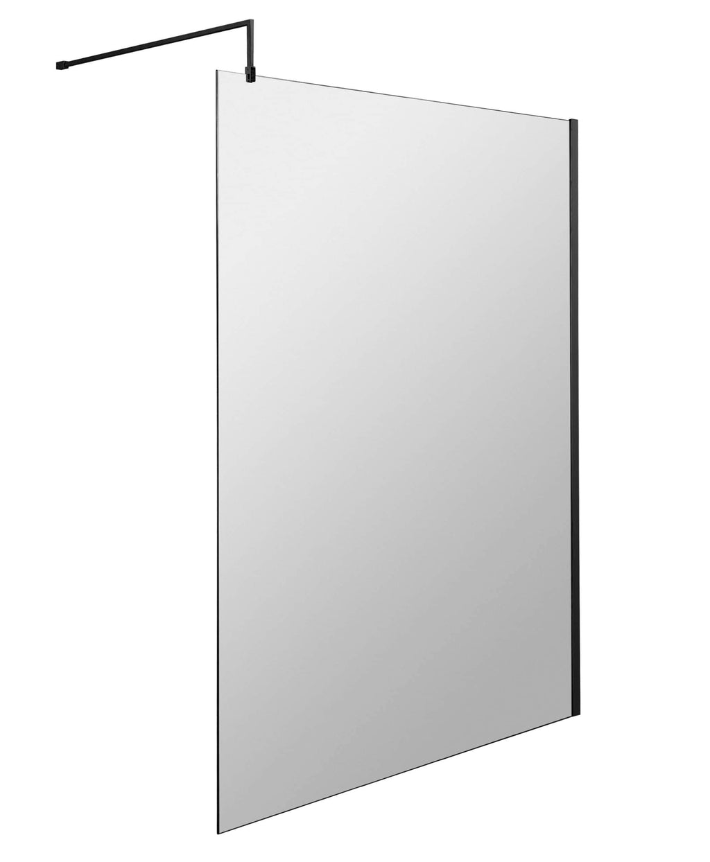 Clear glass shower screen with black hardware for modern bathroom decor.