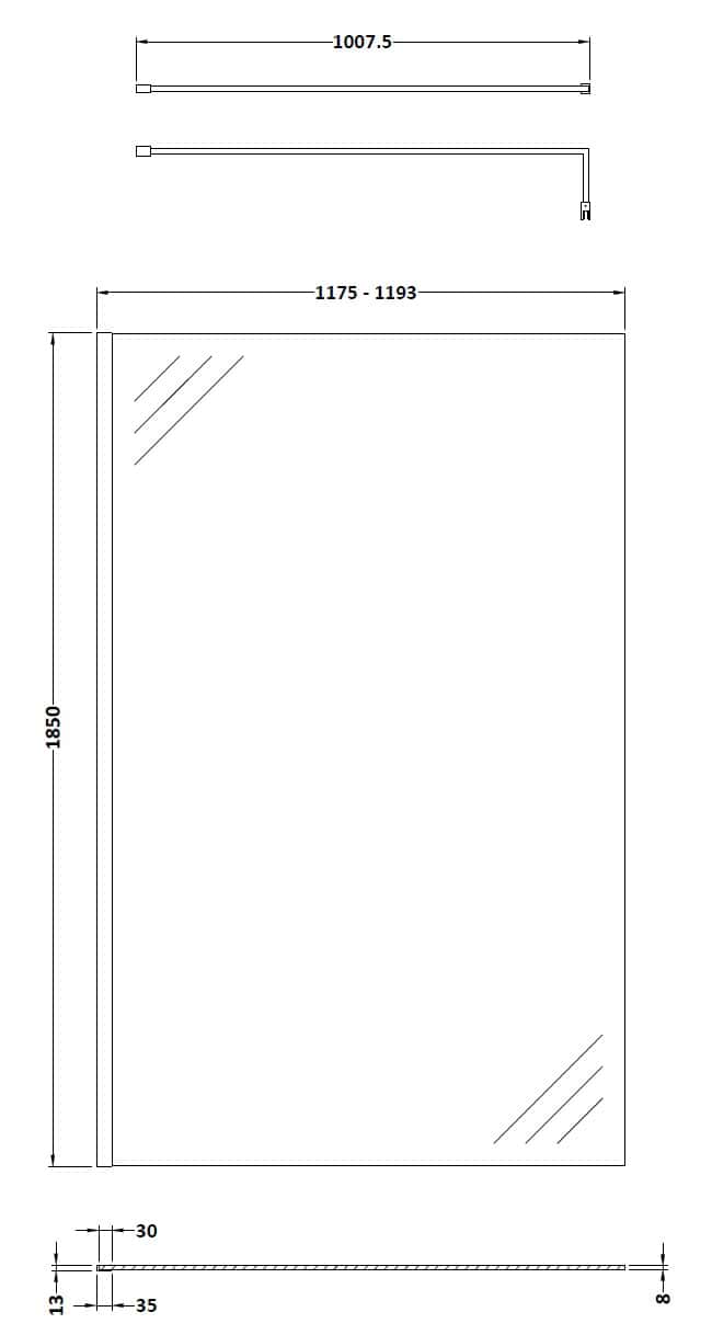 Aluminum shower screen design with glass panels, measurements, and hinges for modern bathroom renovation.